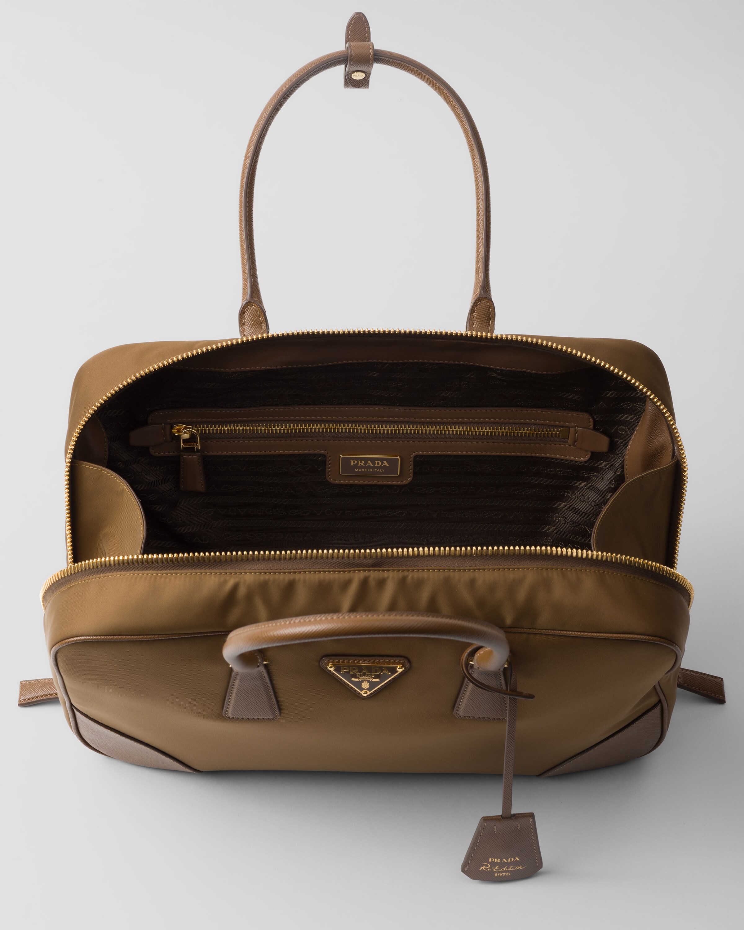 Shop Prada Re-edition 1978 Large Re-nylon And Saffiano Leather Two-handle Bag In Cork Beige