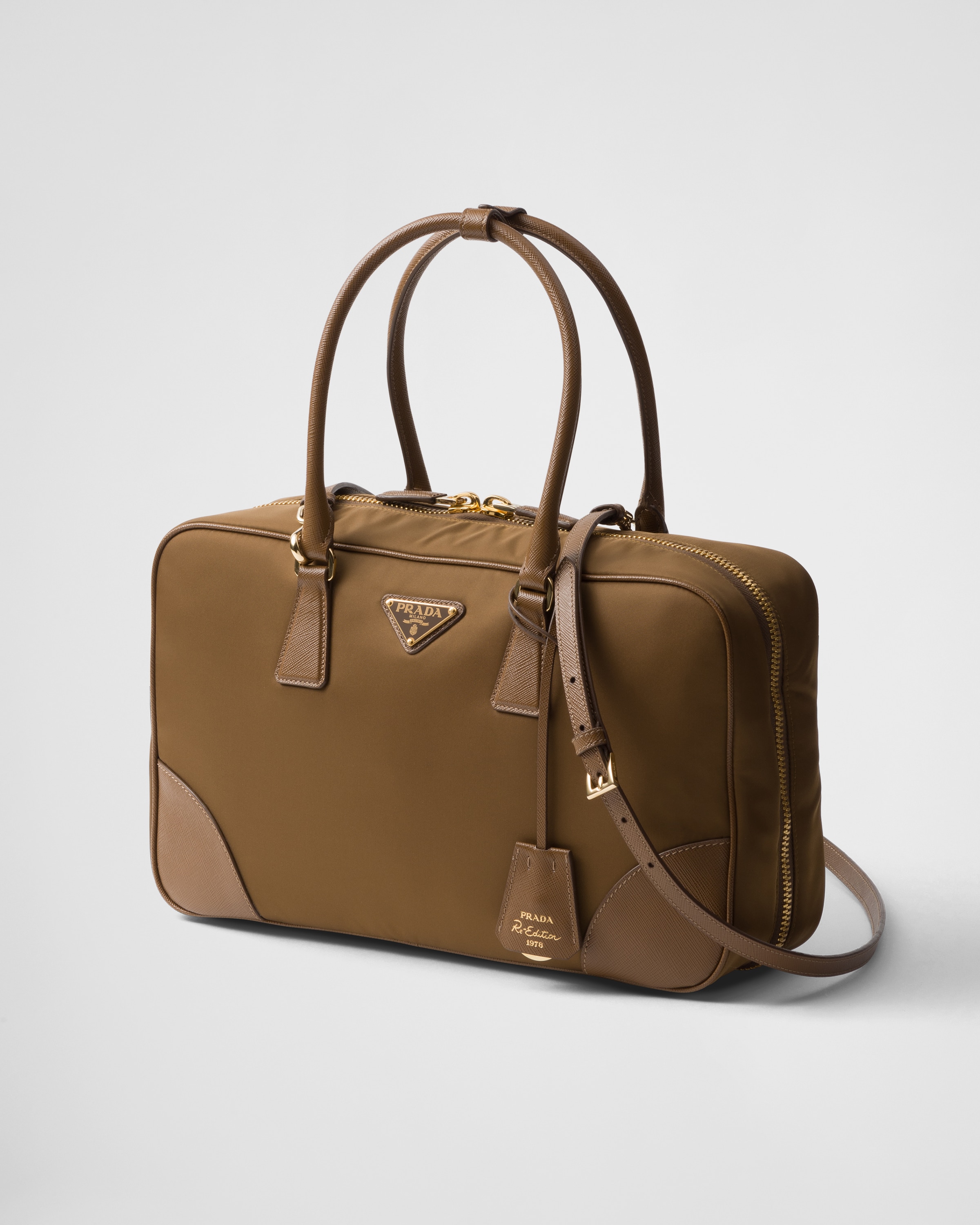 Shop Prada Re-edition 1978 Large Re-nylon And Saffiano Leather Two-handle Bag In Cork Beige