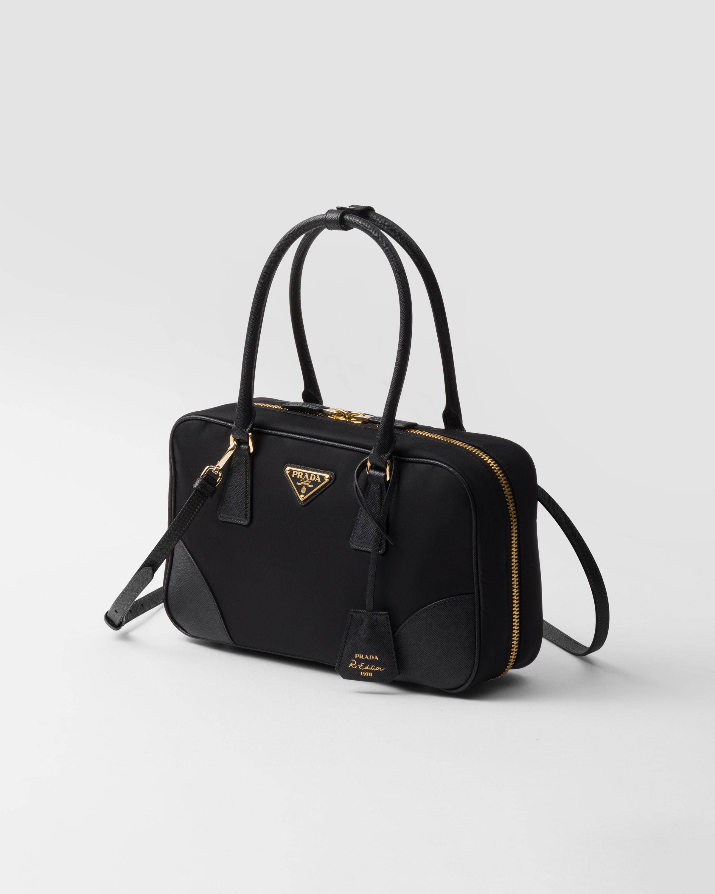 Shop Prada Re-edition 1978 Medium Re-nylon And Saffiano Leather Two-handle Bag In Black