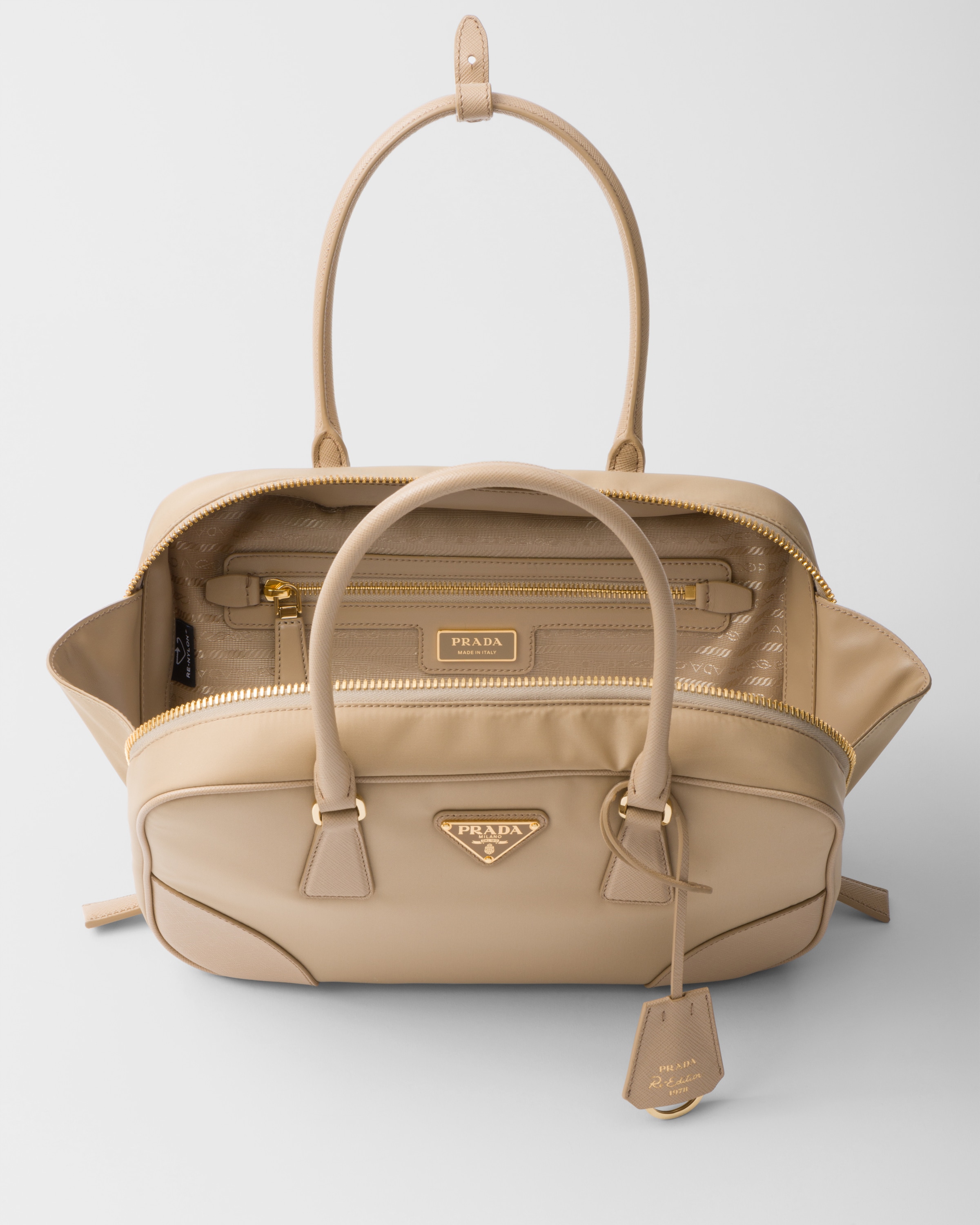 Camel Brown Prada Re edition 1978 Medium Re nylon And Saffiano Leather Two handle Bag PRADA