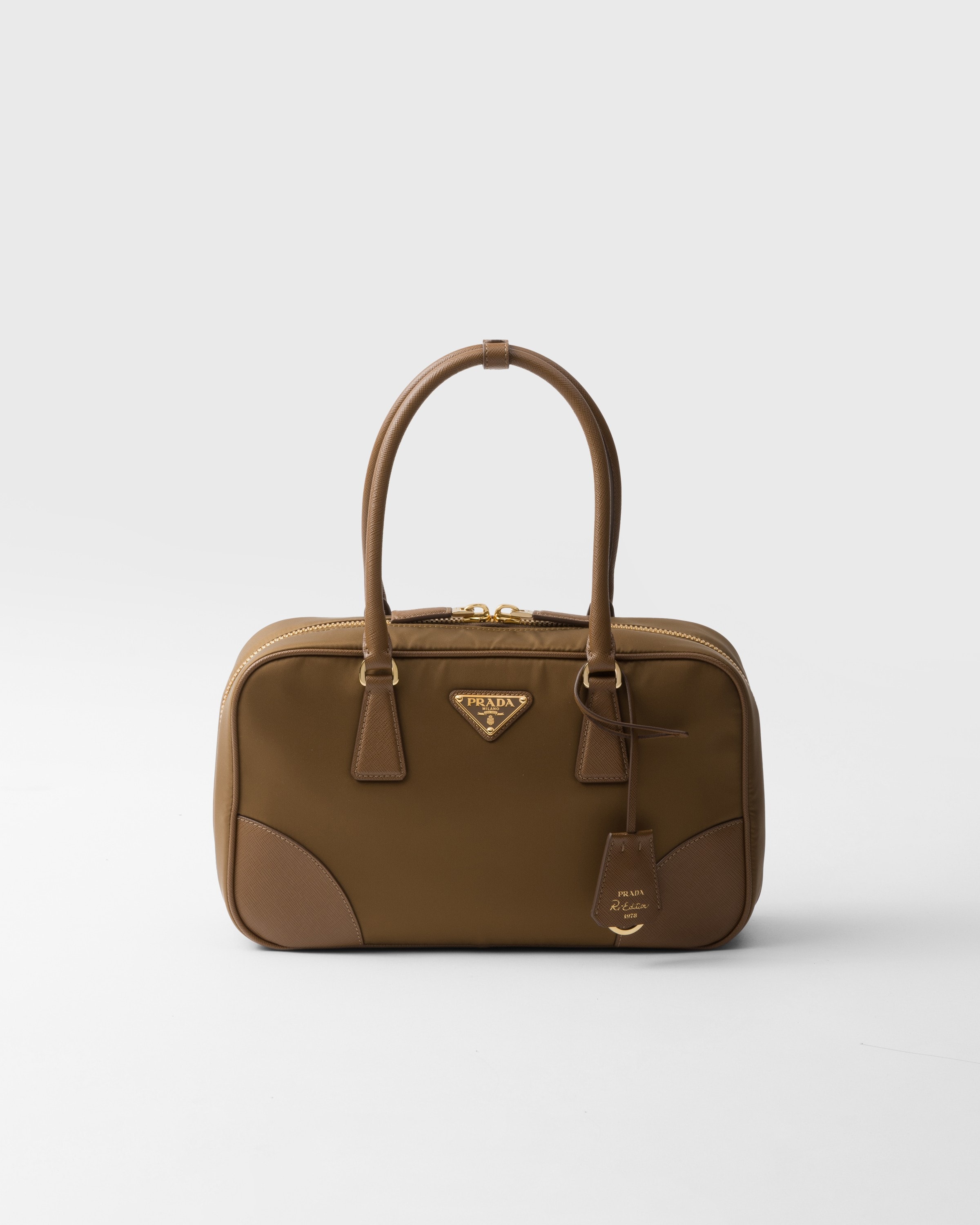 Prada Re-edition 1978 Medium Re-nylon And Saffiano Leather Two-handle Bag In Cork Beige