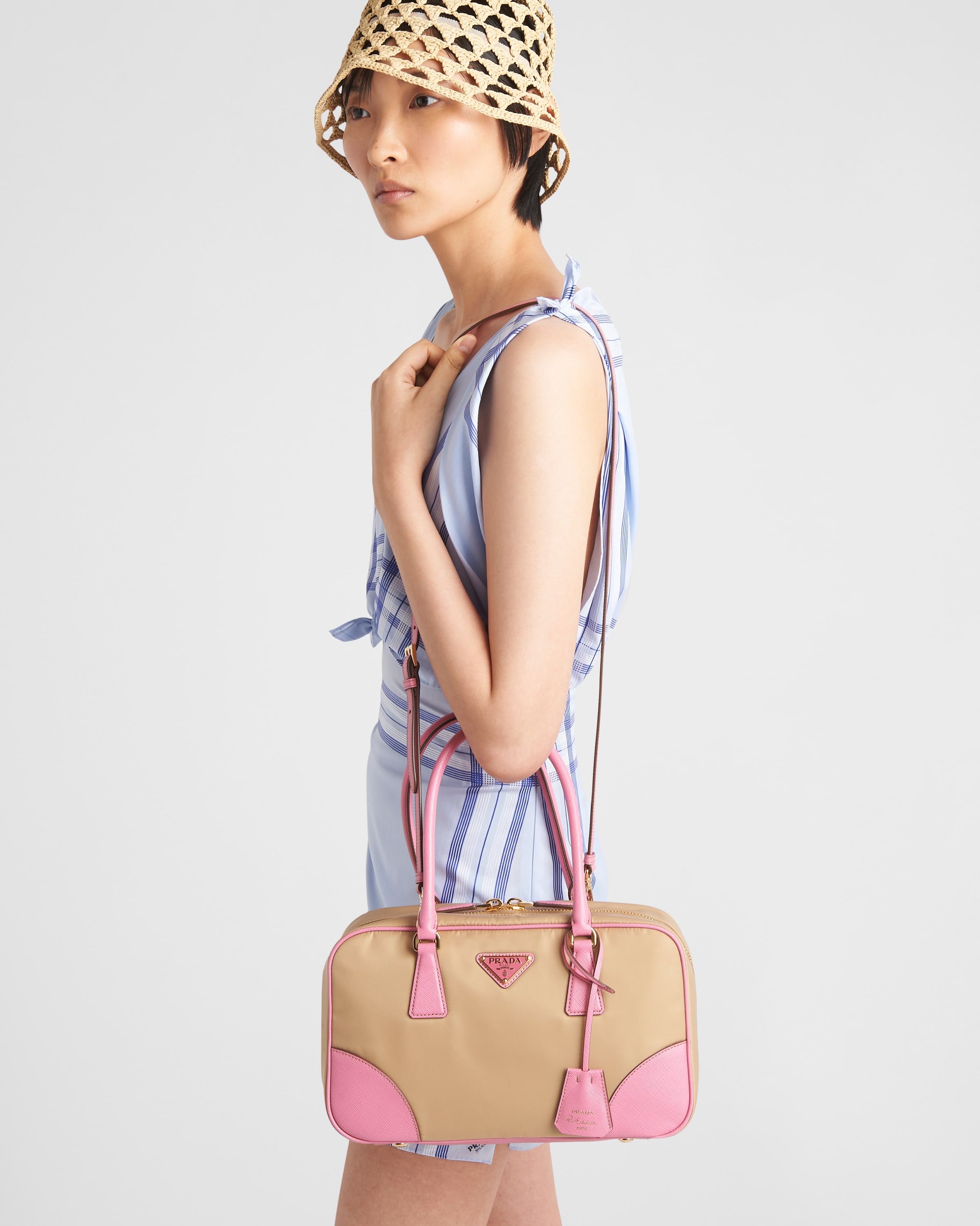 Camel begonia Prada Re edition 1978 Medium Re nylon And Saffiano Leather Two handle Bag PRADA