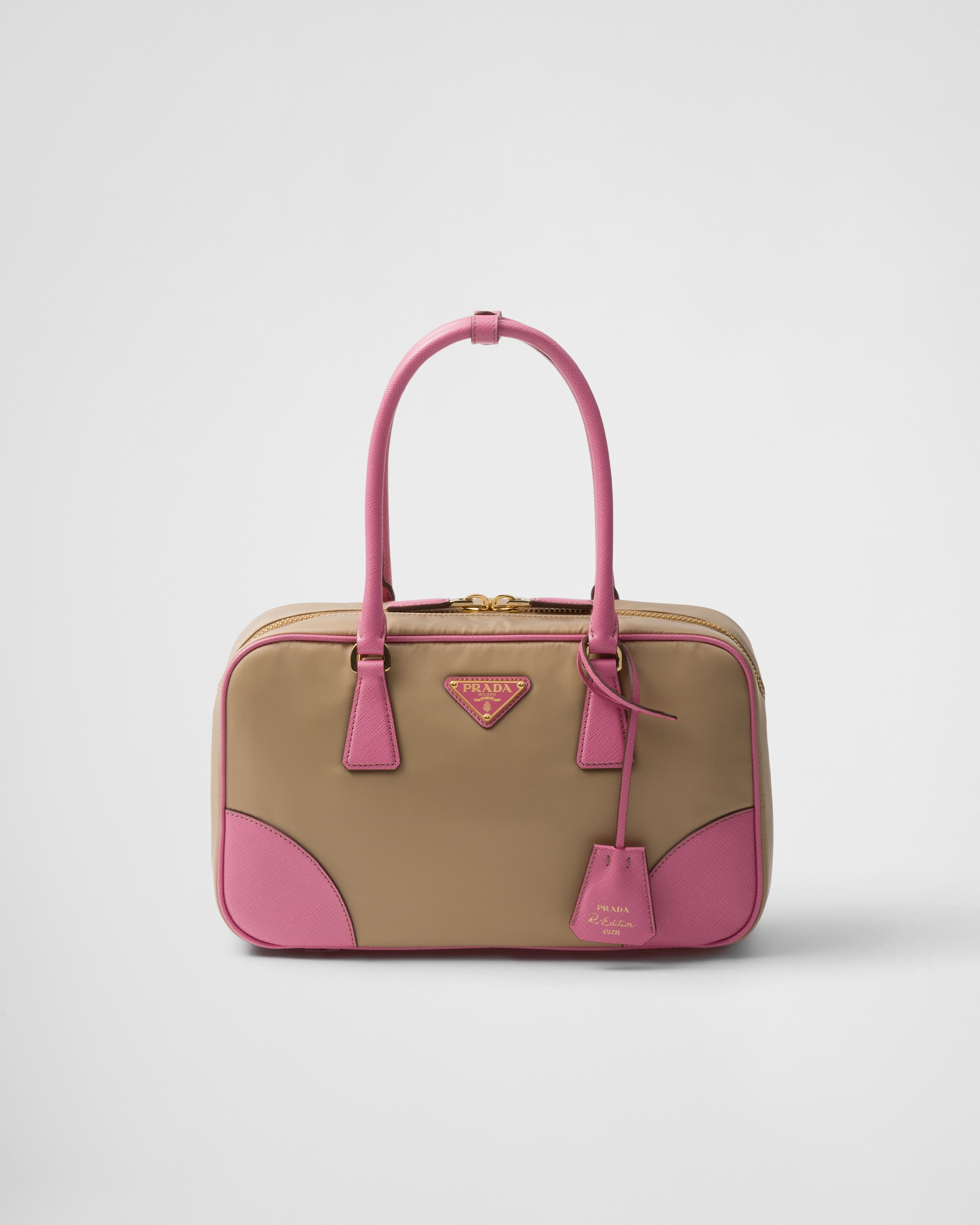 Prada Re-edition 1978 Medium Re-nylon And Saffiano Leather Two-handle Bag In Camel/begonia