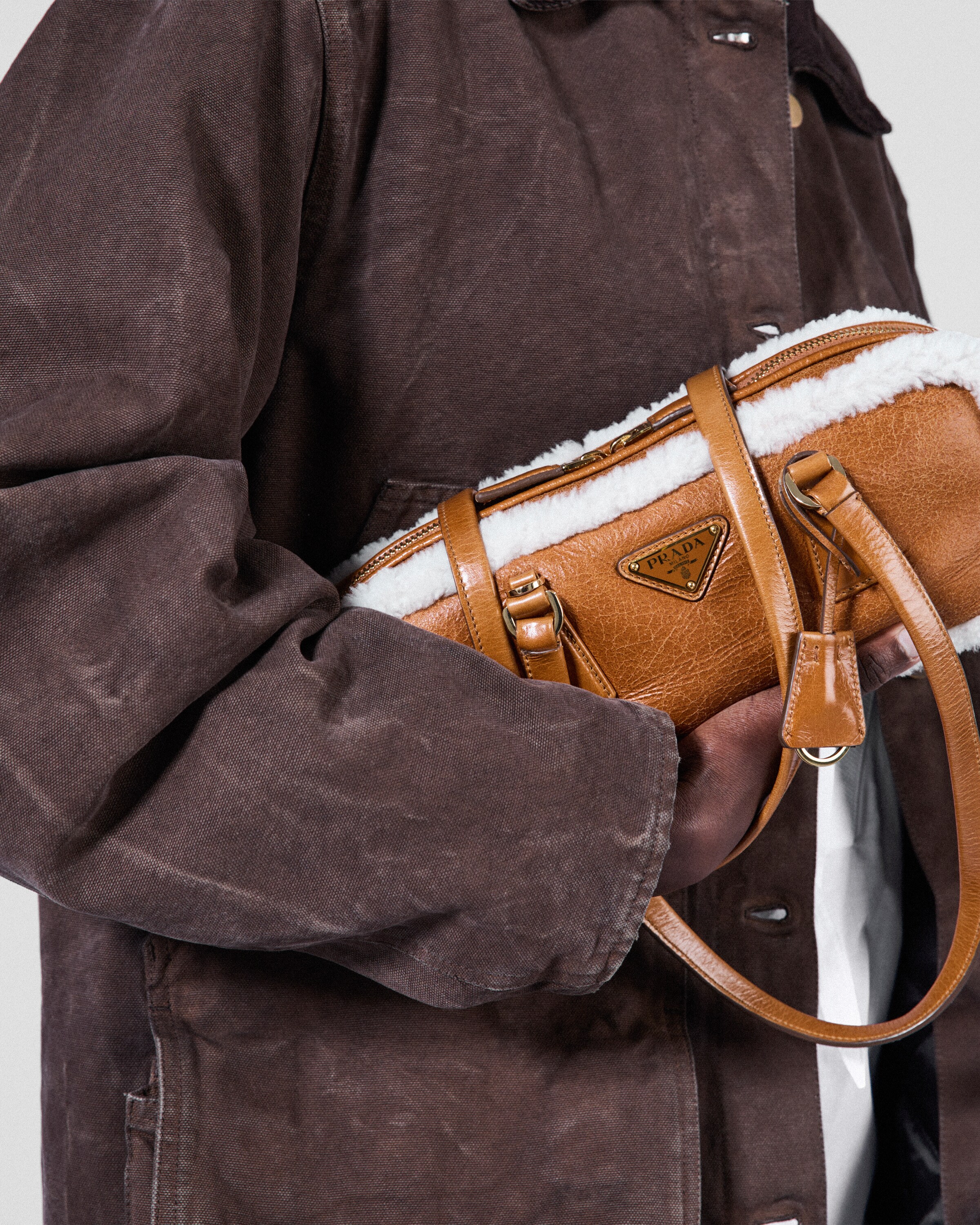 Cognac/natural Medium Shearling Two-handle Bag | PRADA