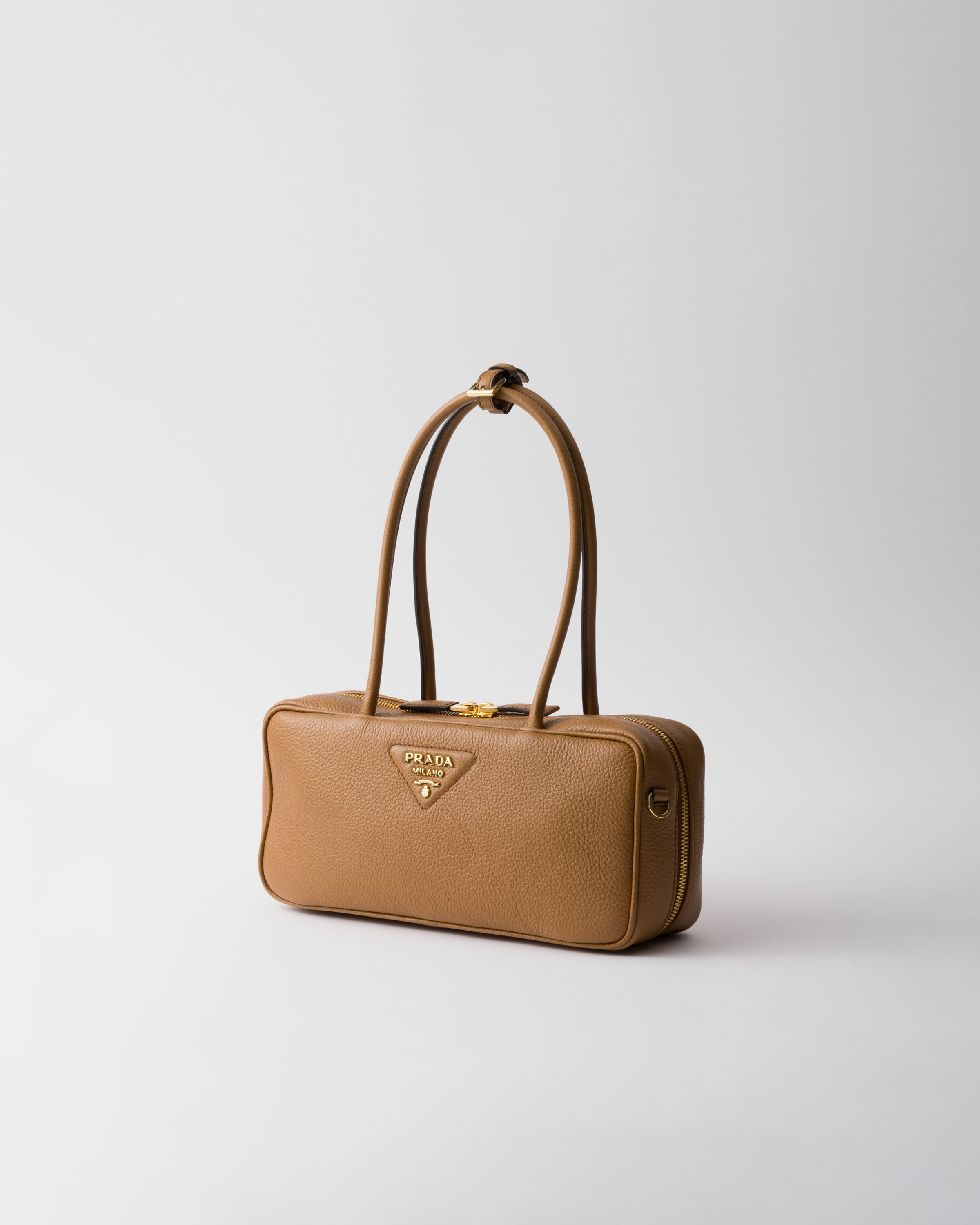 Shop Prada Medium Leather Top-handle Bag In Caramel