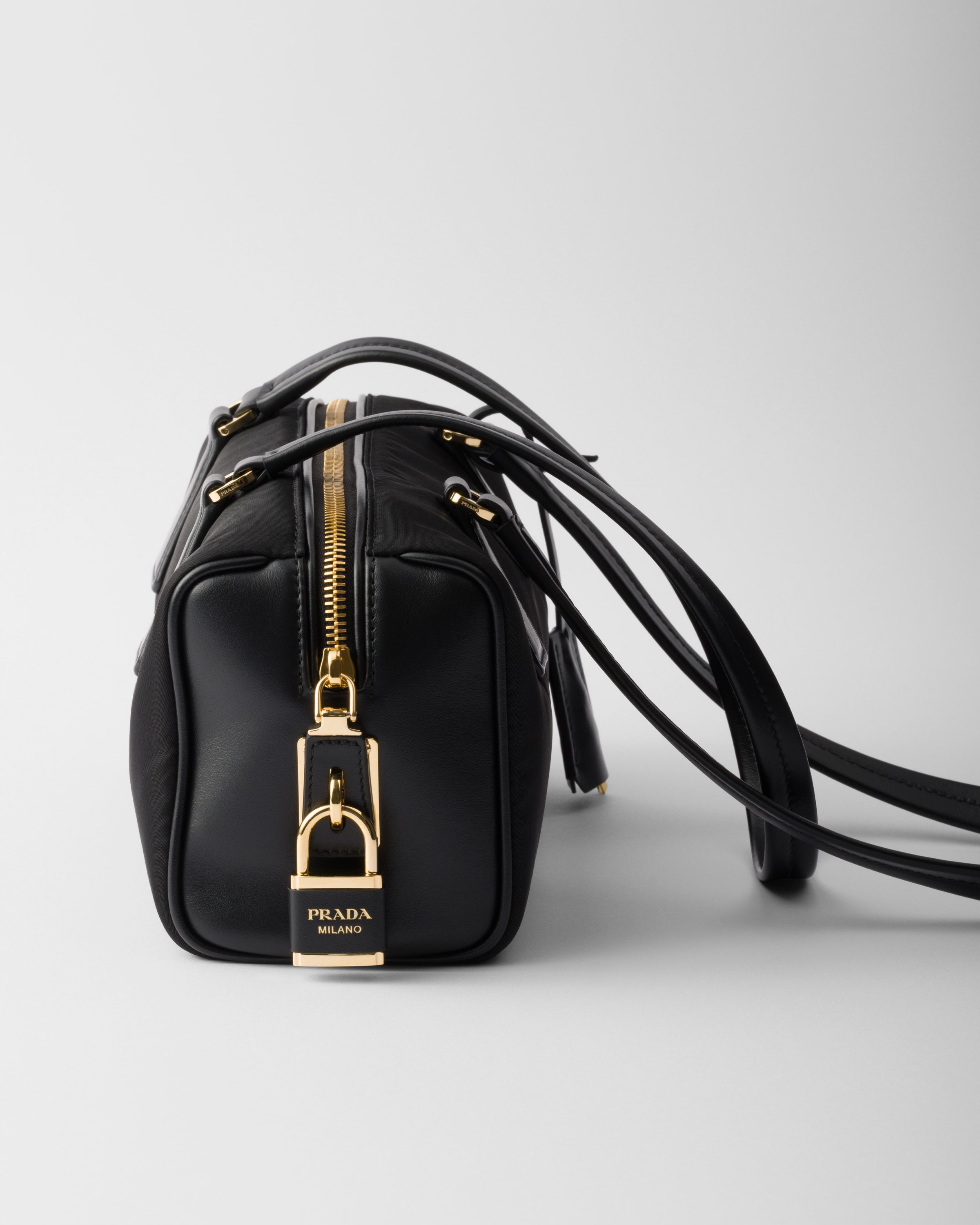 Black Re-Nylon and leather medium top-handle bag with