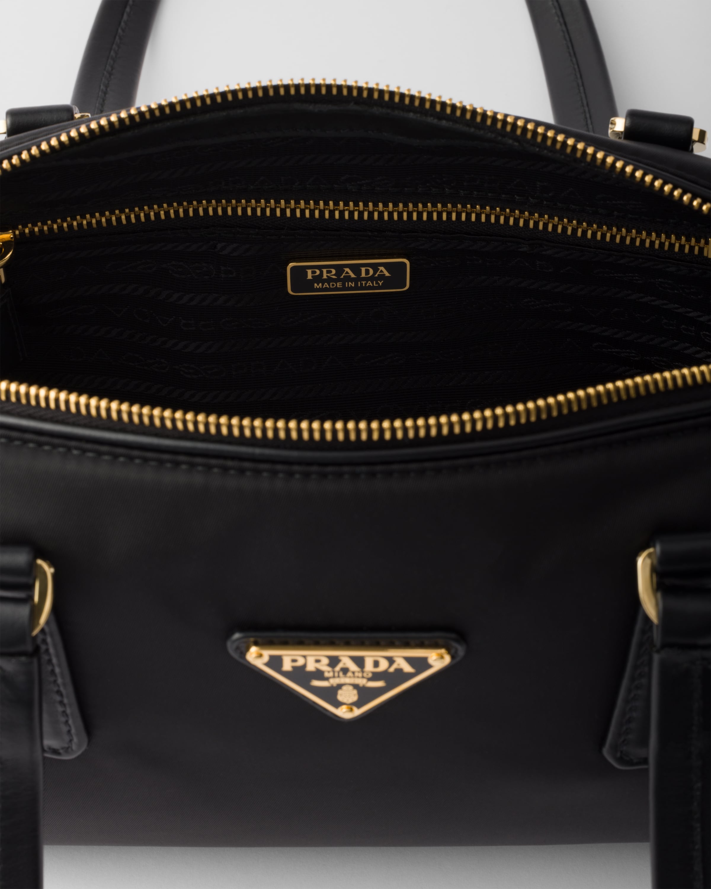 Black Re-Nylon and leather medium top-handle bag with