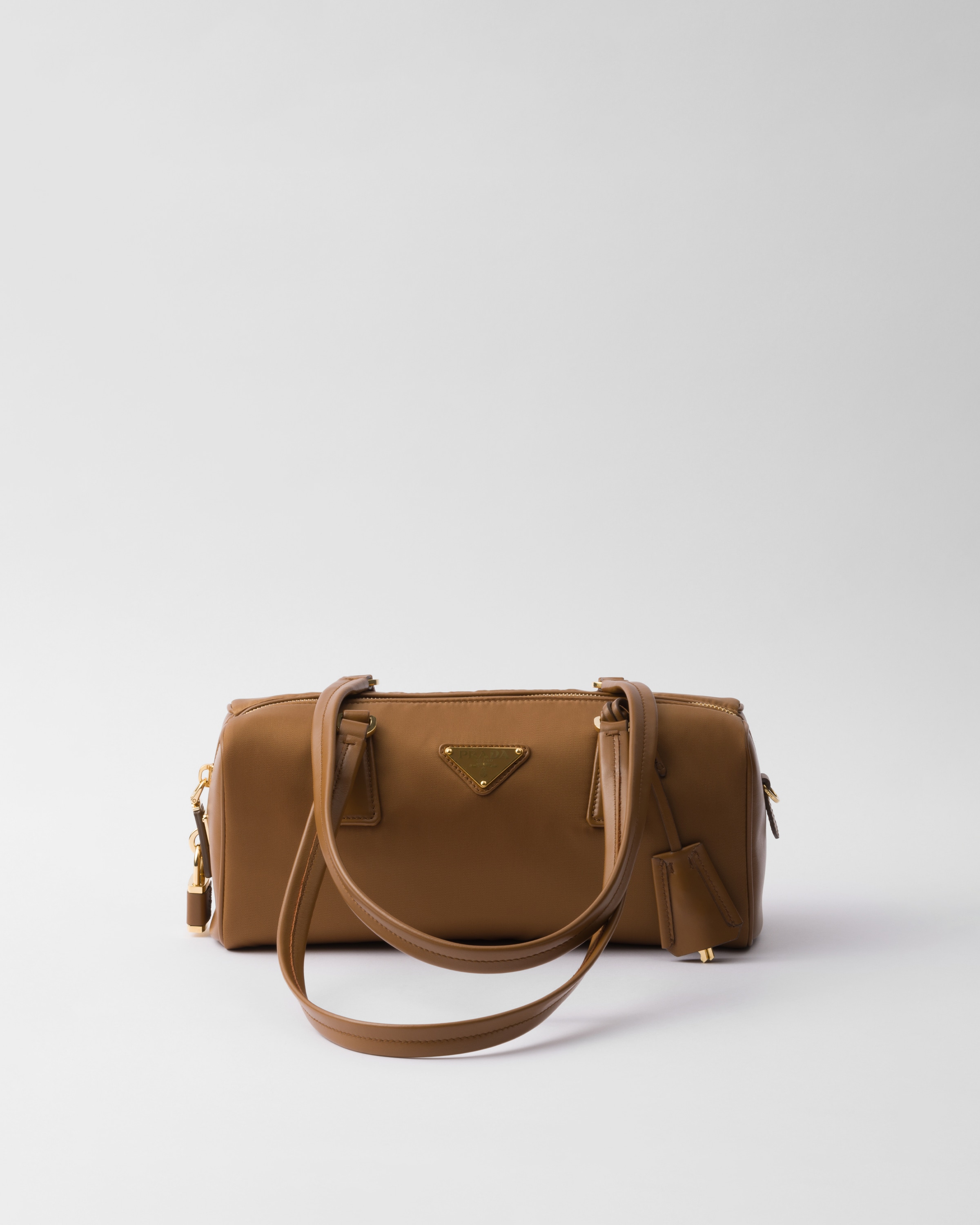 Prada Re-nylon And Leather Medium Top-handle Bag With Padlock In Brandy
