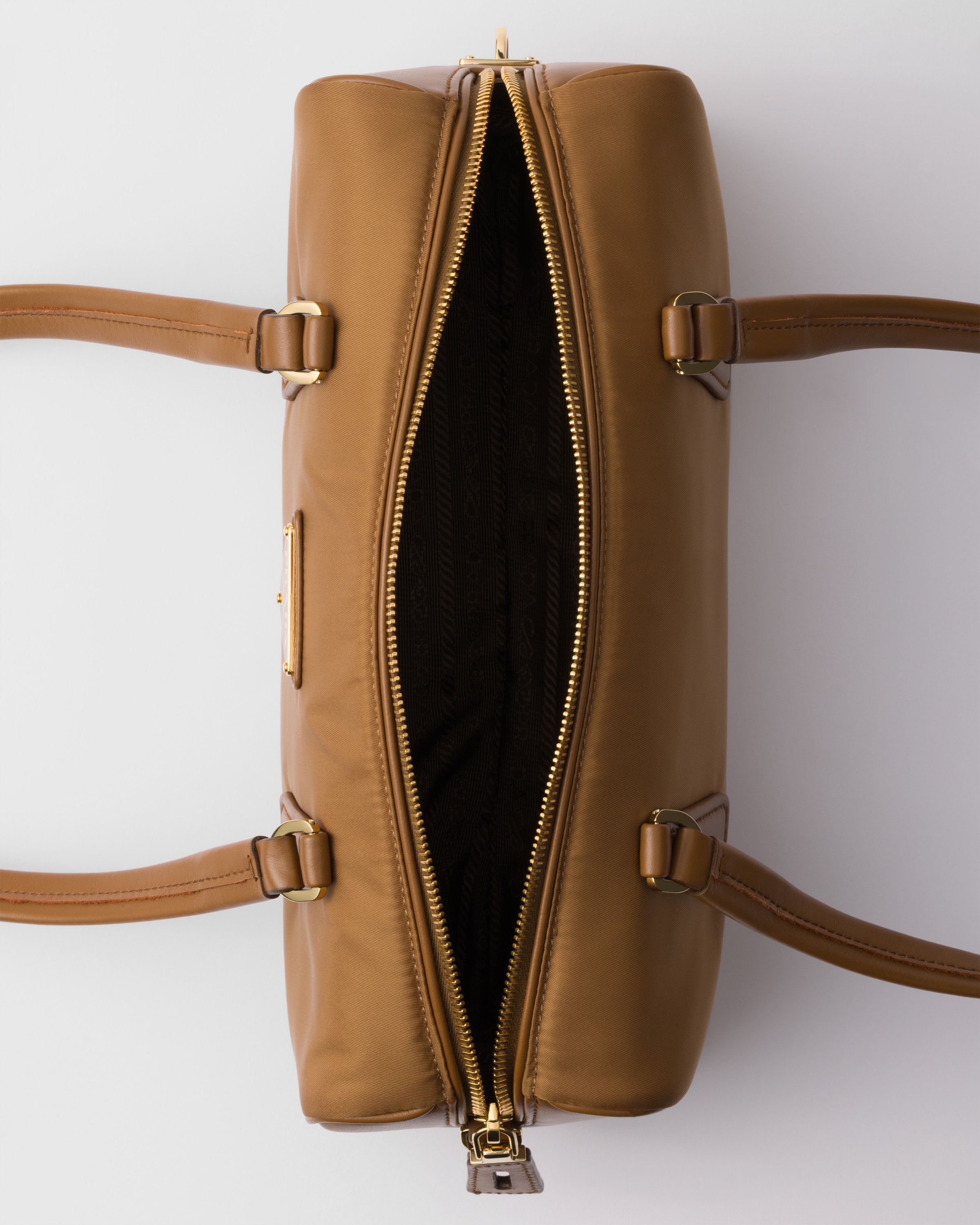 Prada Re-nylon And Leather Medium Top-handle Bag With Padlock In Brandy