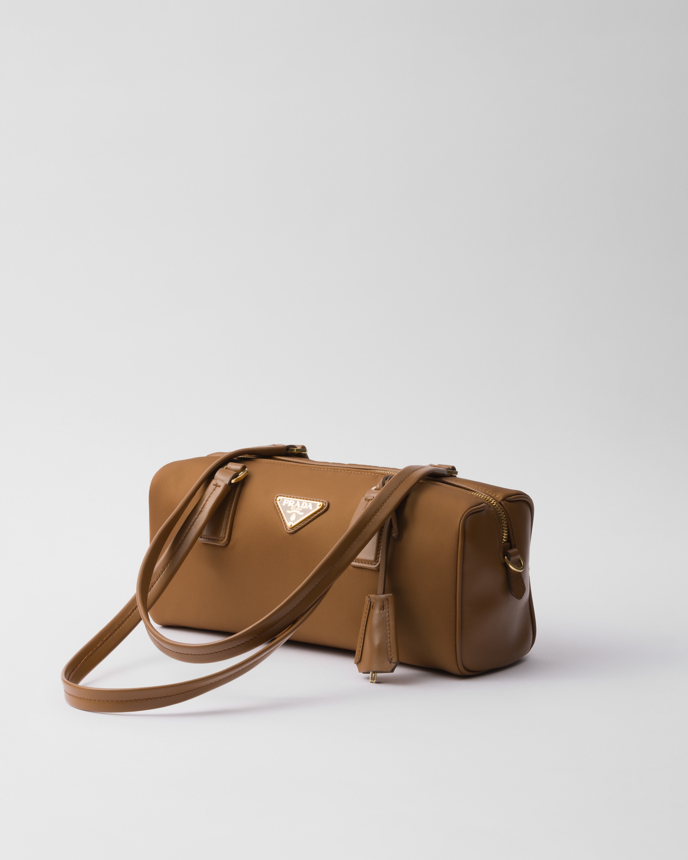 Prada Re-nylon And Leather Medium Top-handle Bag With Padlock In Brandy