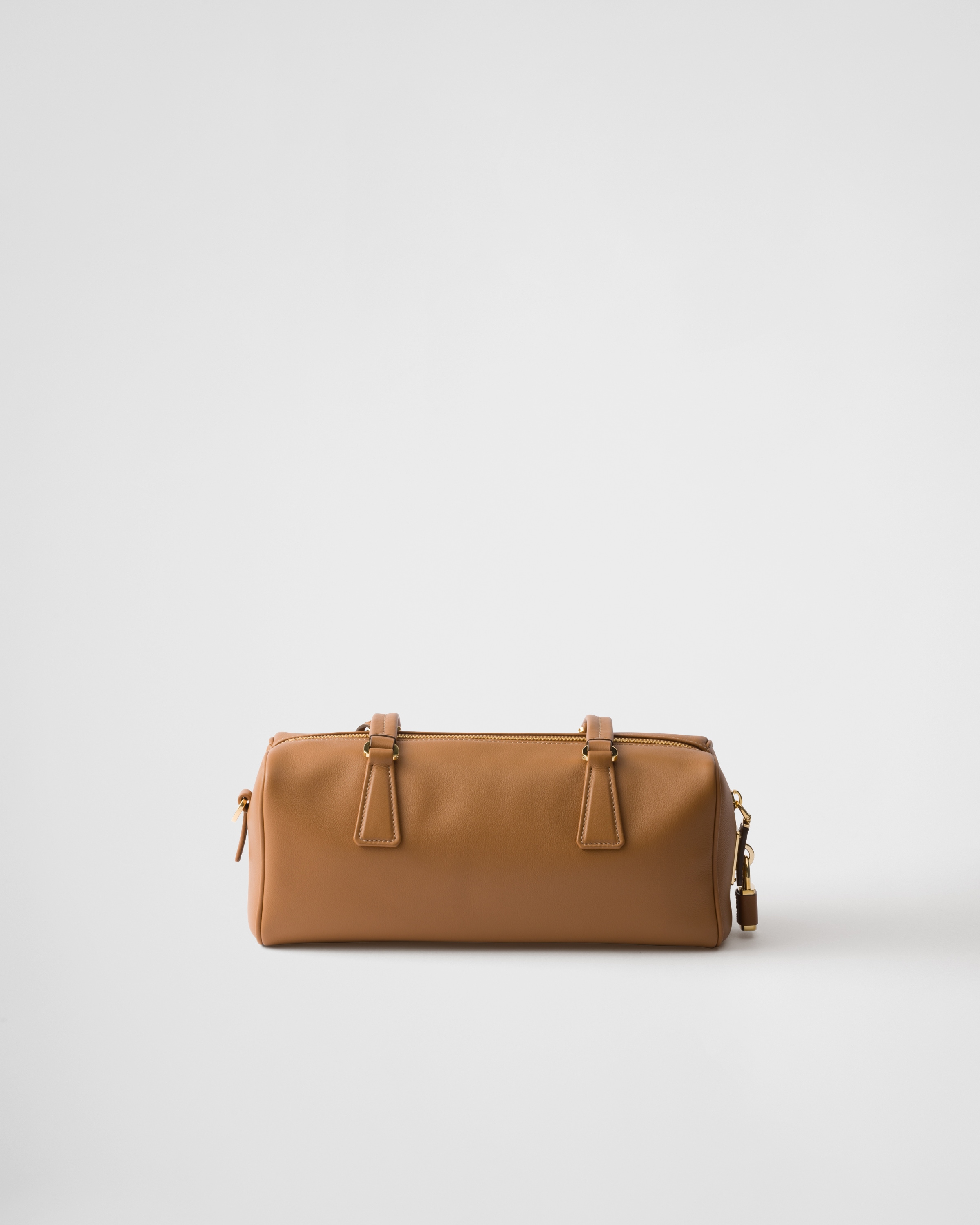 Prada Re-nylon And Leather Medium Top-handle Bag With Padlock In Karamell