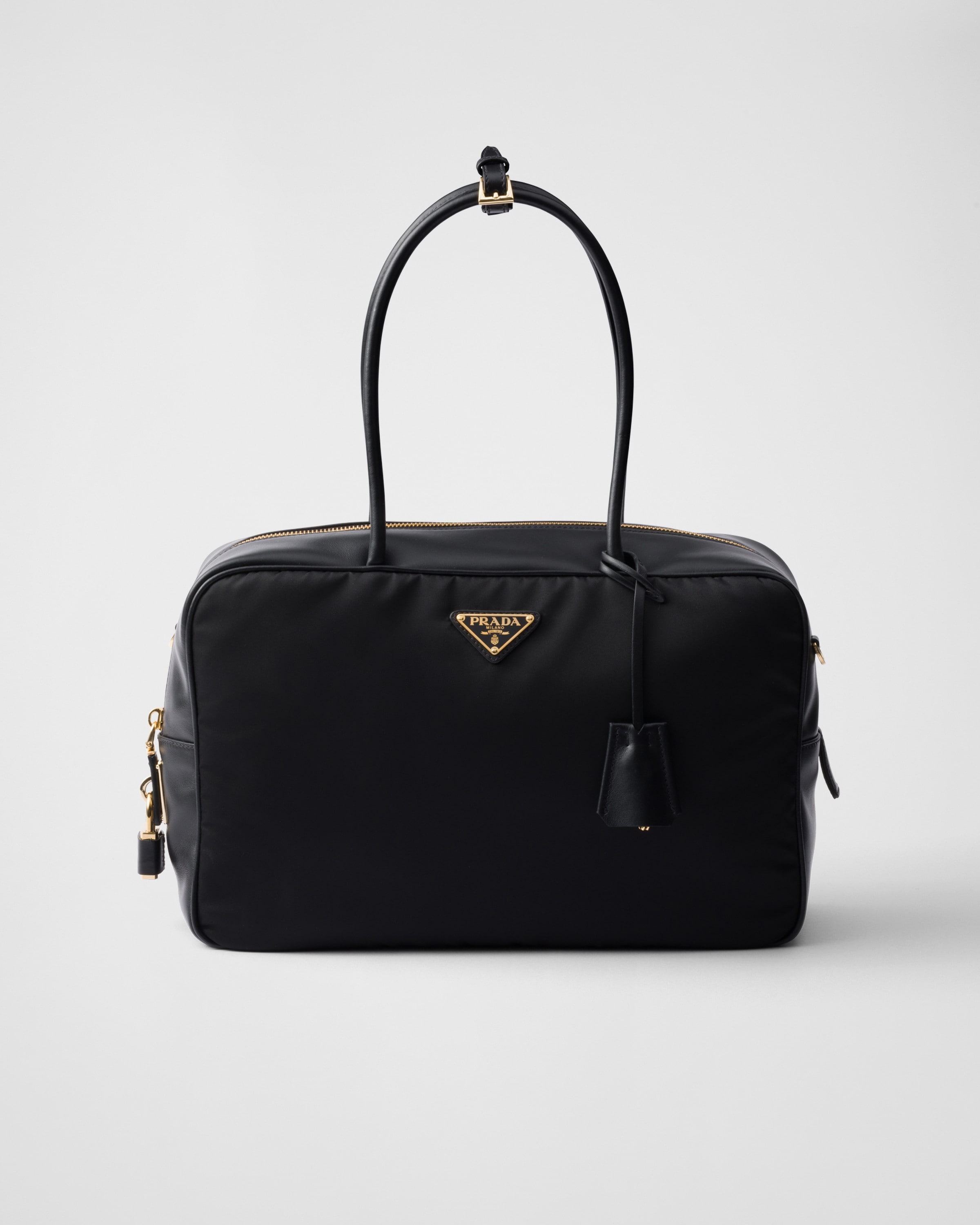 Black Large Re nylon And Leather Top handle Bag With Padlock PRADA