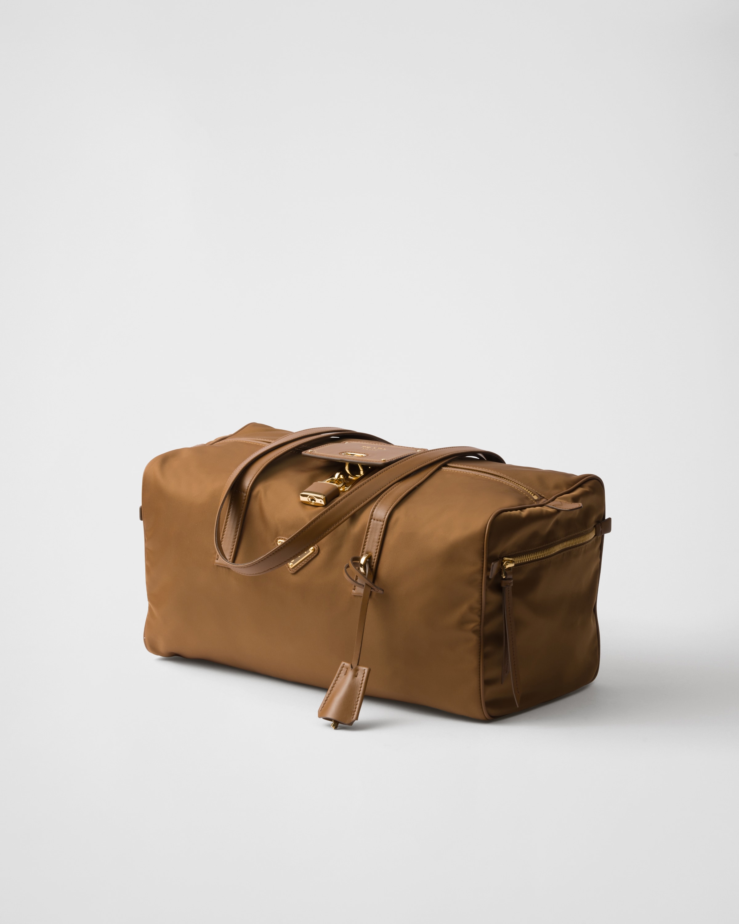 Shop Prada Large Re-nylon Top-handle Bag With Padlock In Brandy