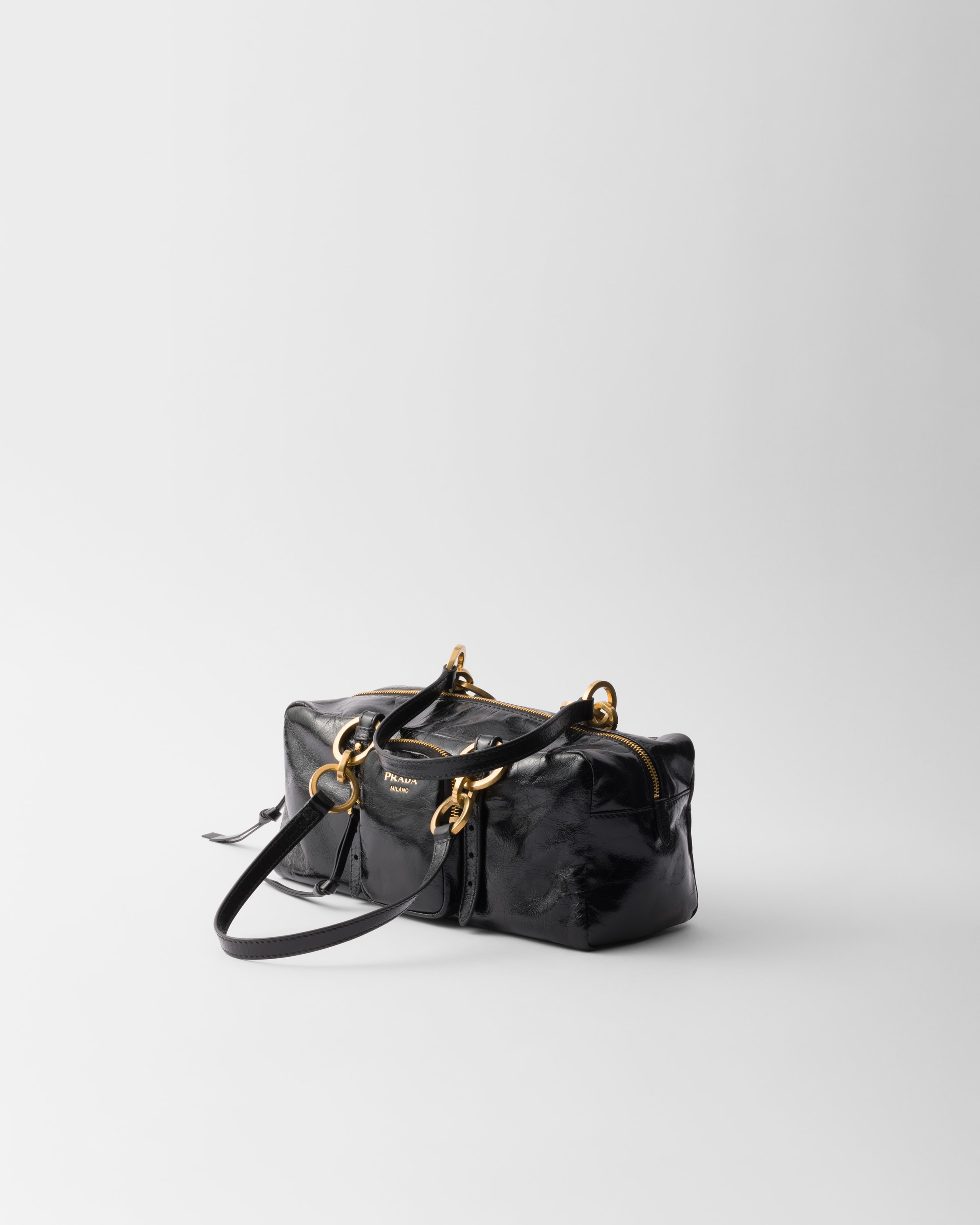 Prada Leather Handbag With Double Handles And Front Pocket In Black