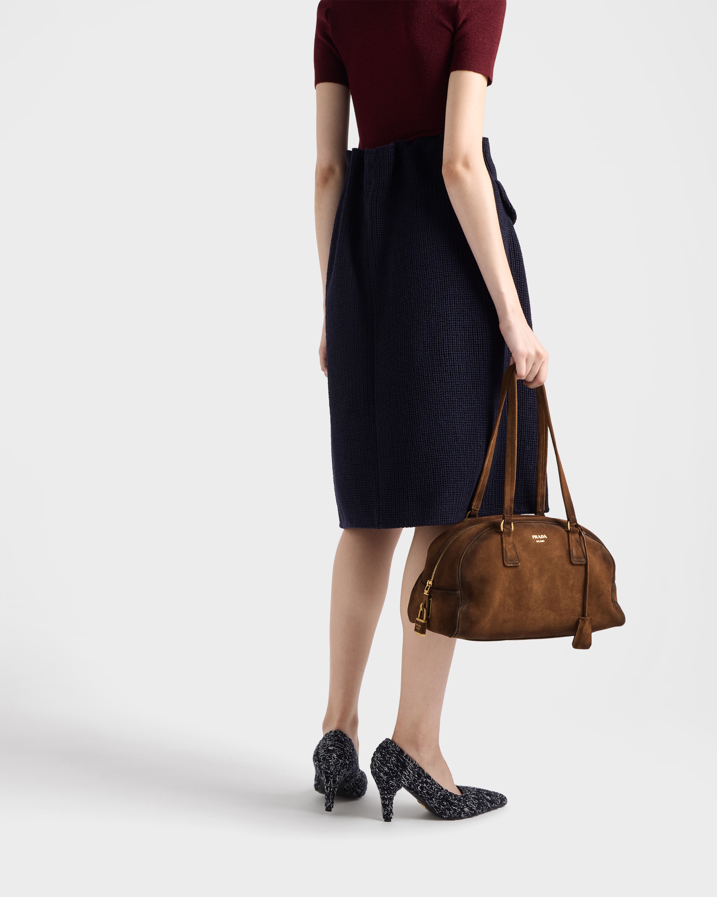 Prada Bowling Medium Suede Bag In Brown