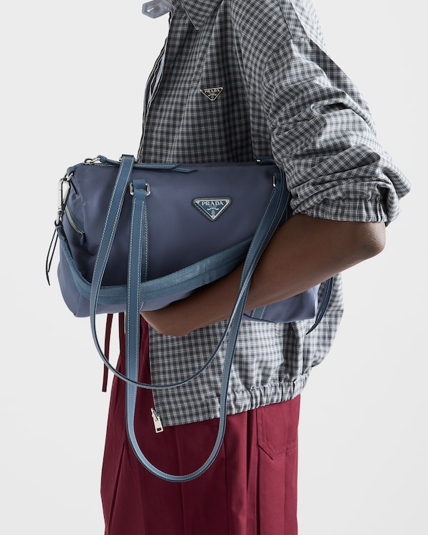 Large Re-Nylon and Saffiano leather duffel bag - Aviation Blue Large Re-Nylon and Saffiano leather duffel bag - Aviation Blue