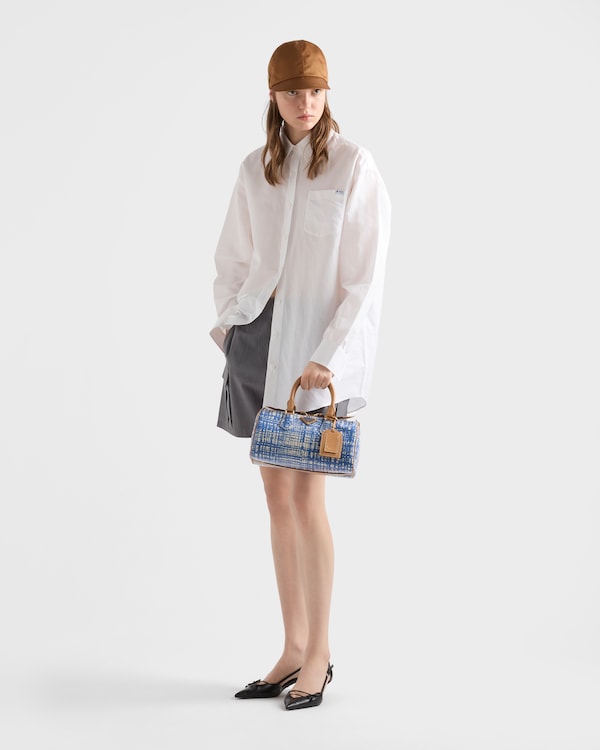 Small linen blend and leather top-handle bag - Sapphire Blue Small linen blend and leather top-handle bag - Sapphire Blue