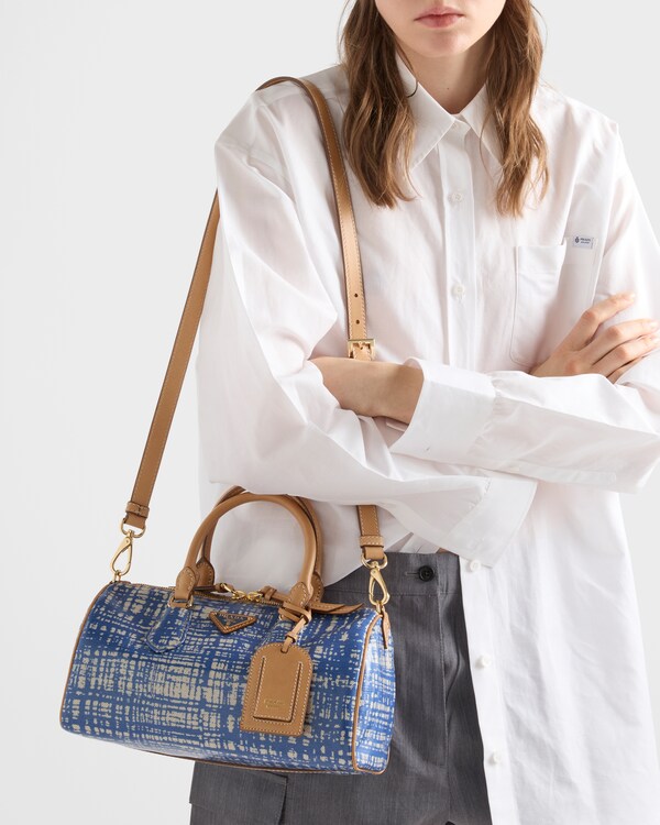 Small linen blend and leather top-handle bag - Sapphire Blue Small linen blend and leather top-handle bag - Sapphire Blue