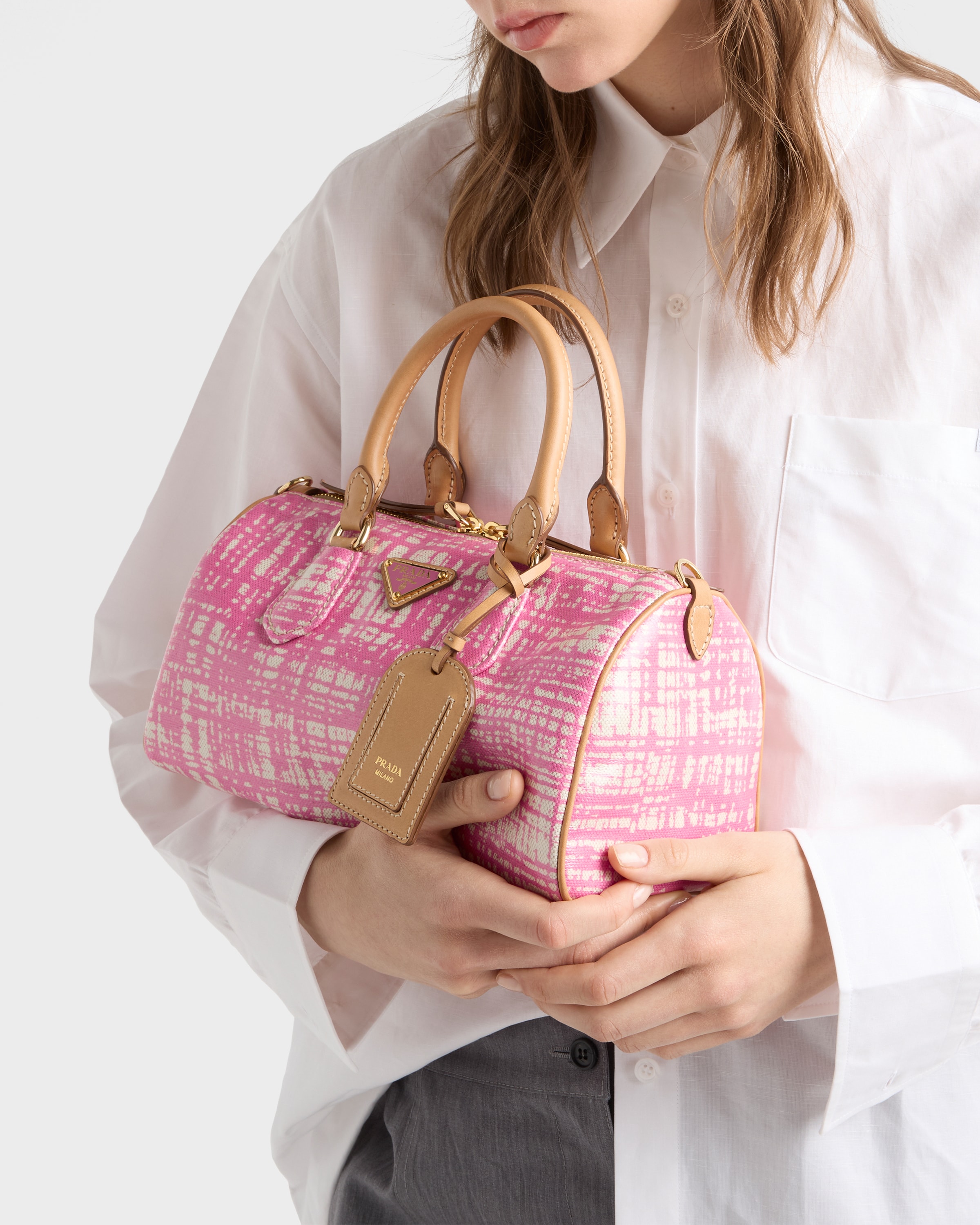 PRADA♡リネン ショートジャケット ピンク M ブルガリア製 ベゴニアピンク スモール リネンブレンド レザー トップハンドルバッグ