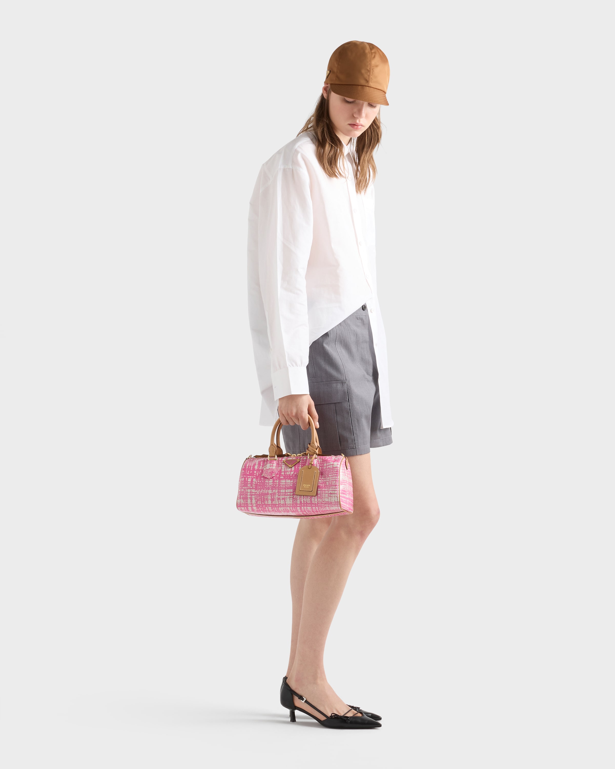 Begonia Pink Small linen blend and leather top-handle bag | PRADA