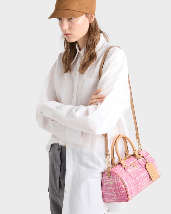 Small linen blend and leather top-handle bag - Begonia Pink Small linen blend and leather top-handle bag - Begonia Pink