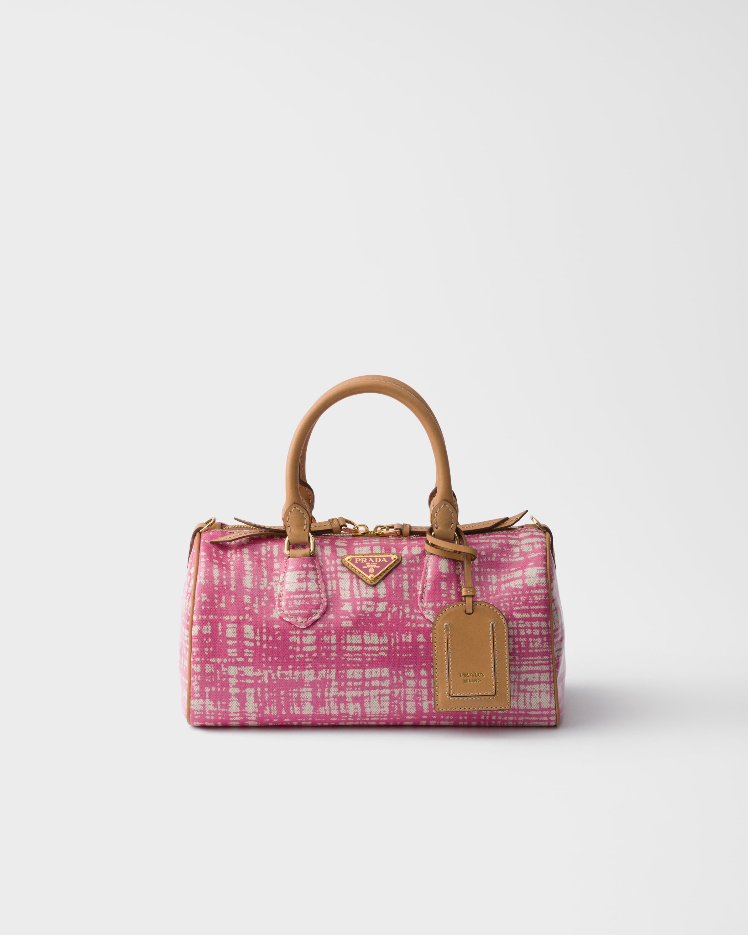 Begonia Pink Small linen blend and leather top-handle bag | PRADA