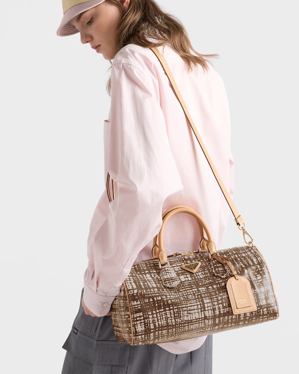 Medium linen blend and leather top-handle bag - Brandy Medium linen blend and leather top-handle bag - Brandy