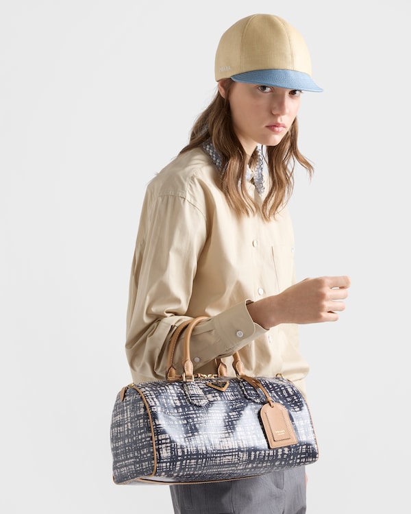 Medium linen blend and leather top-handle bag - Baltic Blue Medium linen blend and leather top-handle bag - Baltic Blue