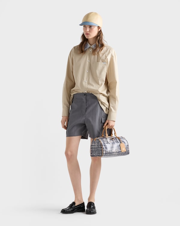 Medium linen blend and leather top-handle bag - Baltic Blue Medium linen blend and leather top-handle bag - Baltic Blue