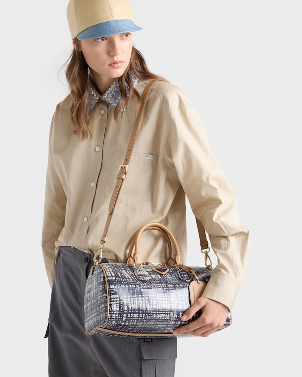 Medium linen blend and leather top-handle bag - Baltic Blue Medium linen blend and leather top-handle bag - Baltic Blue