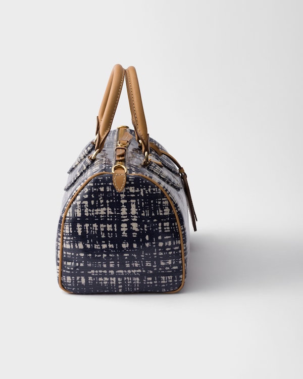 Medium linen blend and leather top-handle bag - Baltic Blue Medium linen blend and leather top-handle bag - Baltic Blue