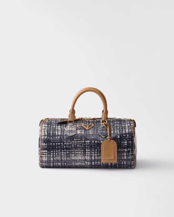 Medium linen blend and leather top-handle bag - Baltic Blue Medium linen blend and leather top-handle bag - Baltic Blue