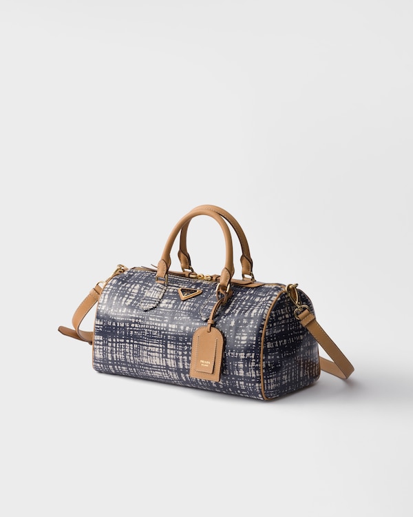 Medium linen blend and leather top-handle bag - Baltic Blue Medium linen blend and leather top-handle bag - Baltic Blue