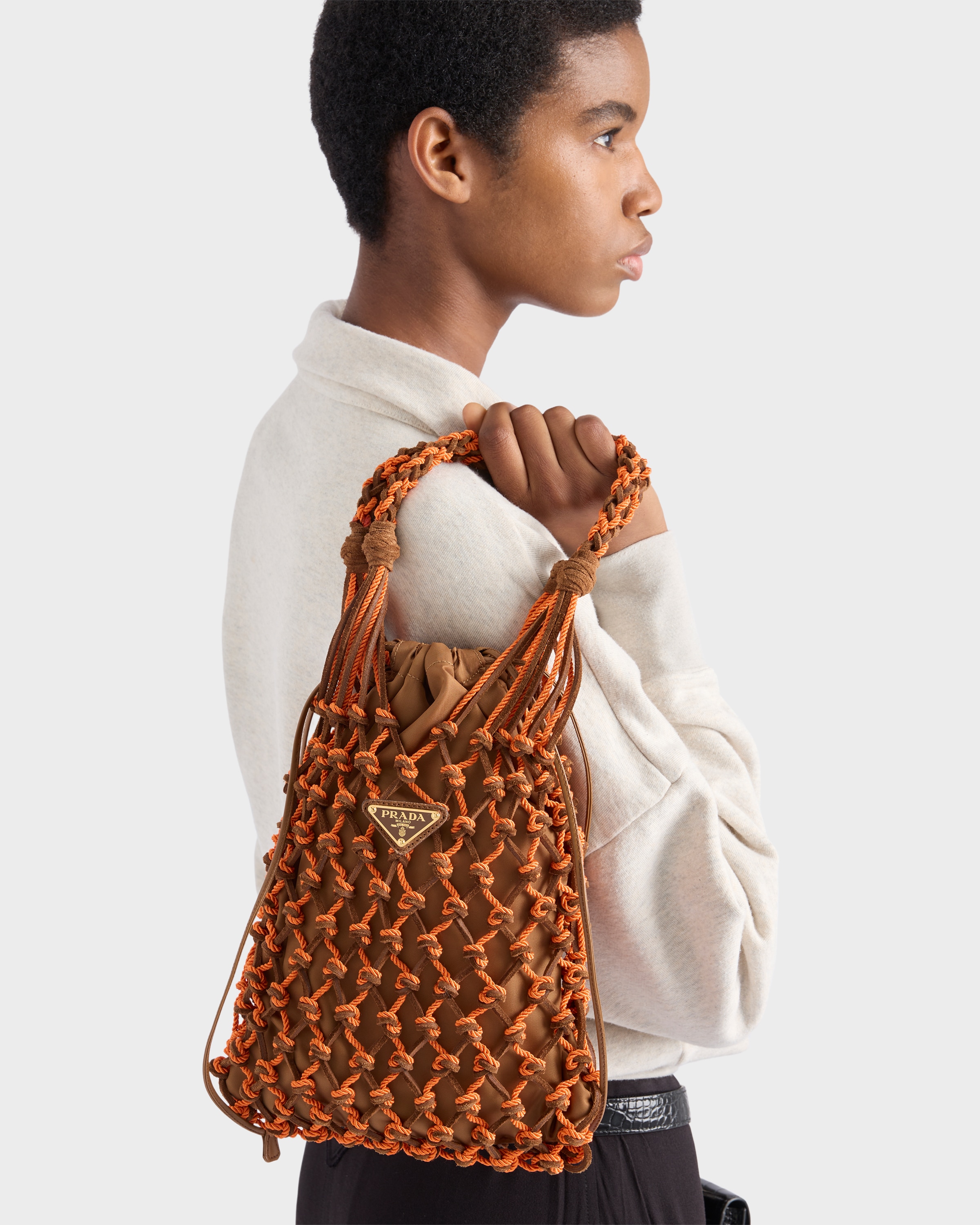 ◆PRADA◆Noue スモール マクラメ スエード ハンドバッグ ロゴ ダークブラウン／オレンジ プラダ ヌエ スモール マクラメ