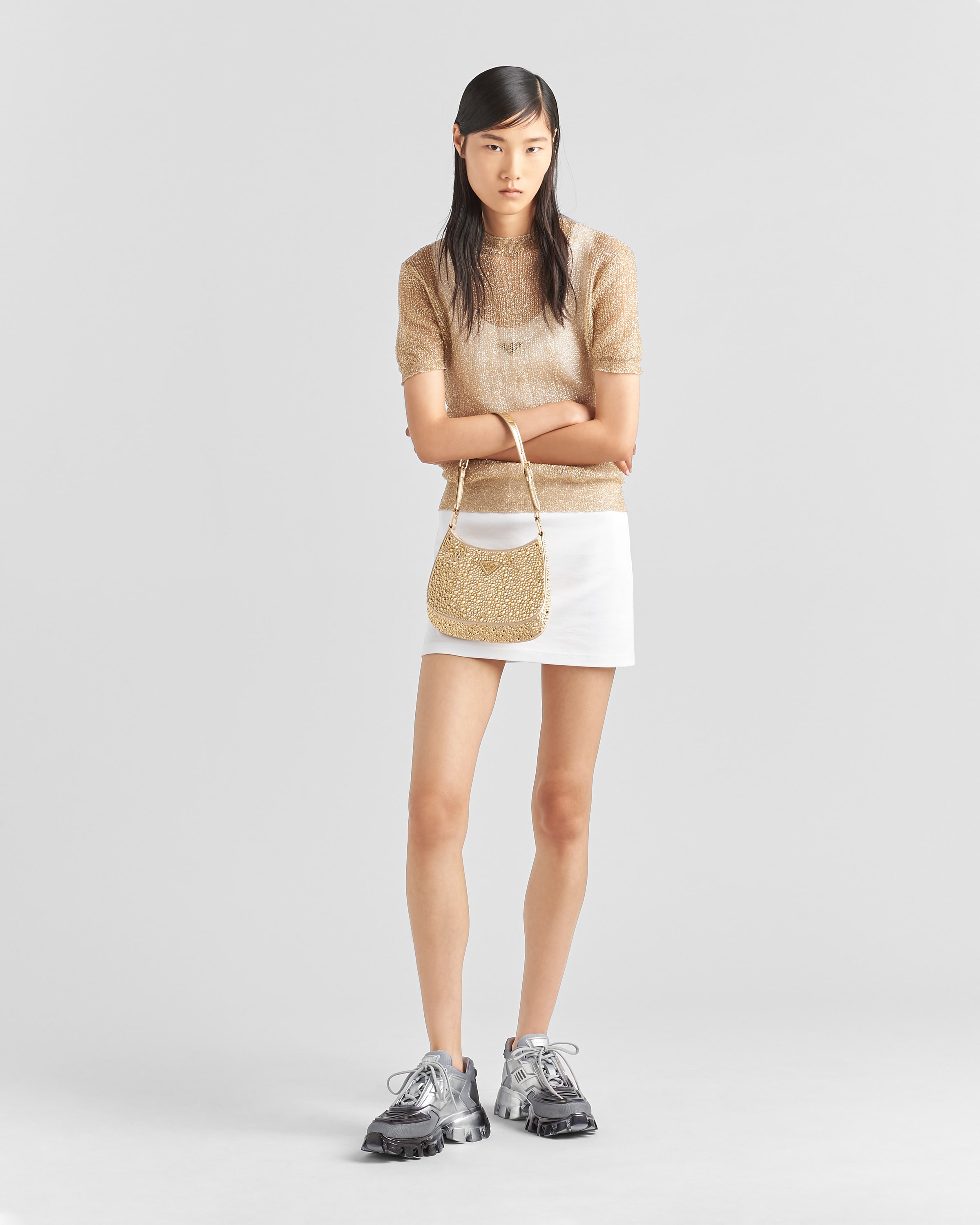 ゴールド プラダ クレオ クリスタル サテン バッグ | Prada