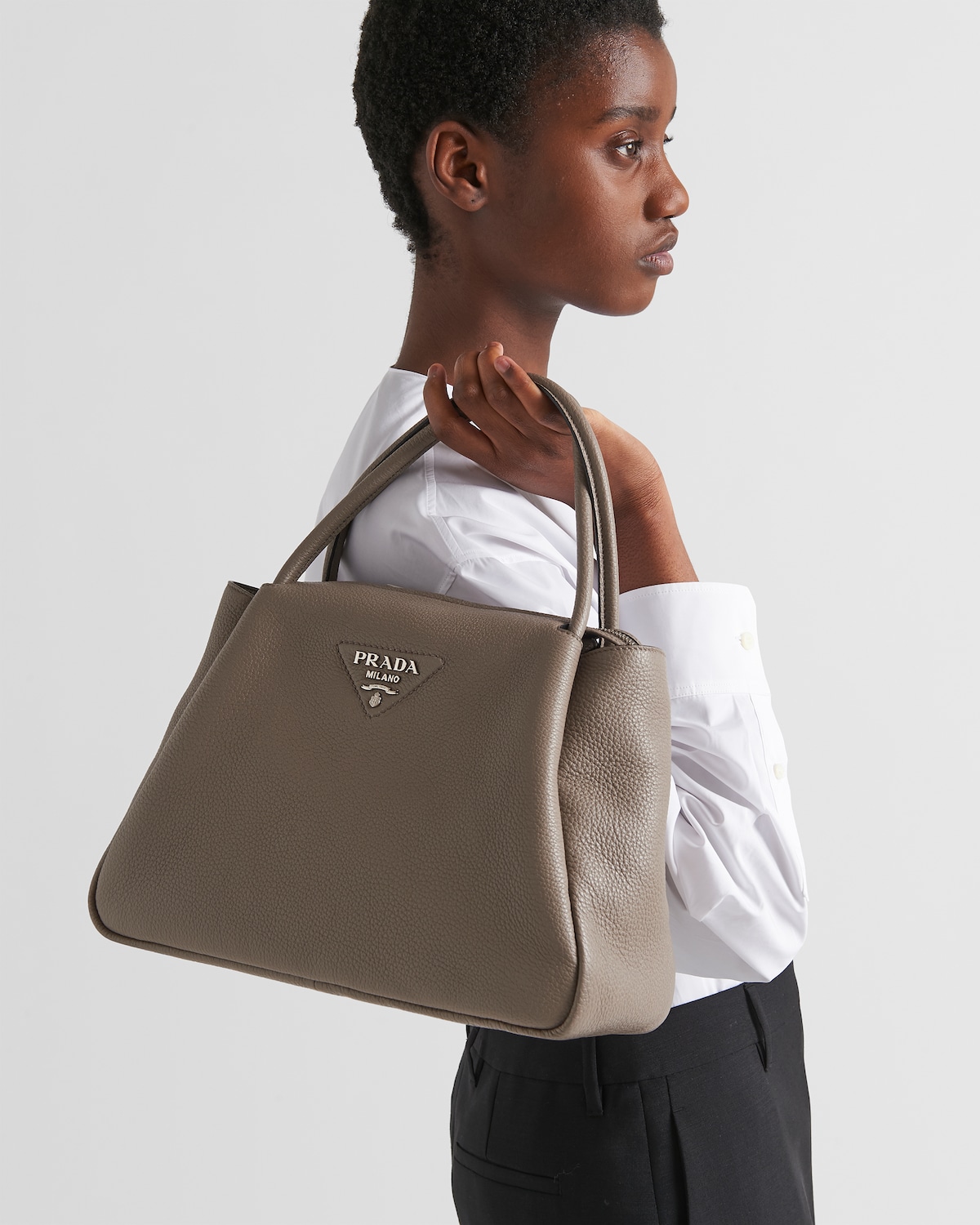 Clay Grey Large Leather Handbag PRADA