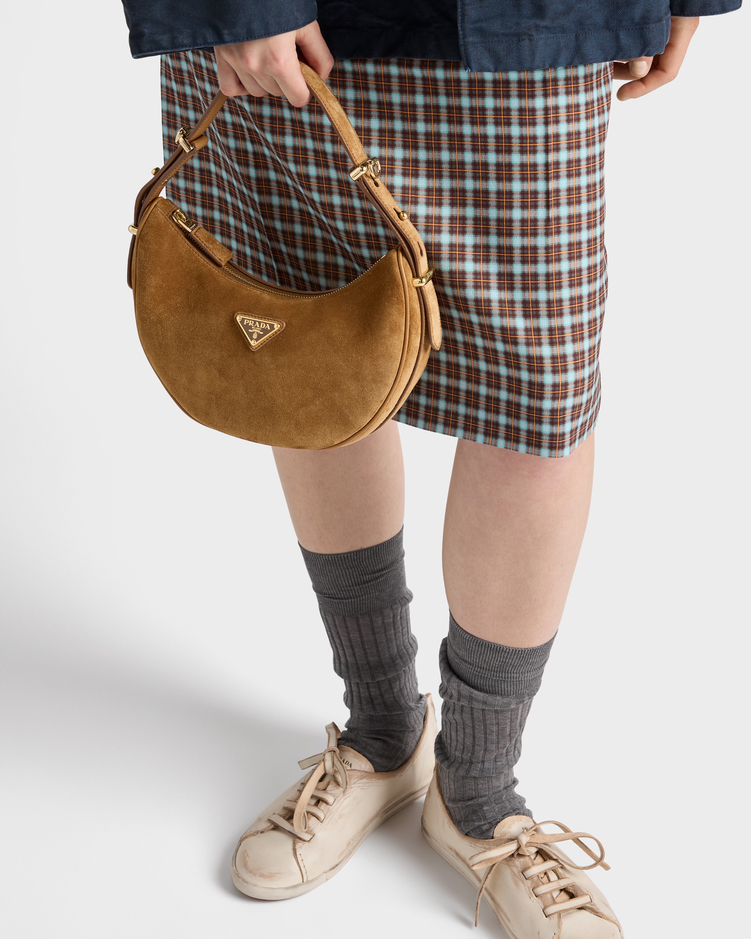 Cinnamon Prada Arqué Suede Shoulder Bag | PRADA