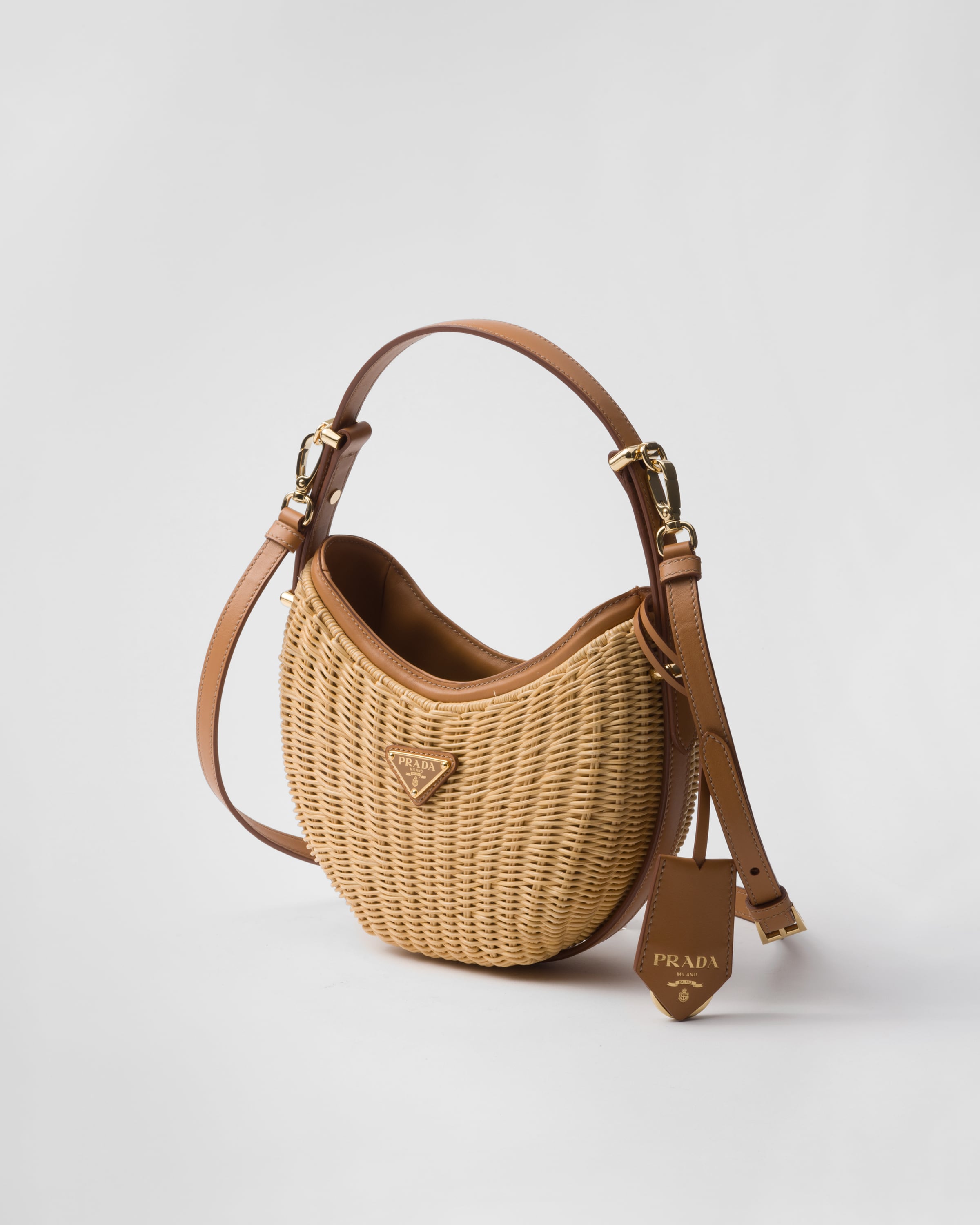 Shop Prada Arqué Woven Fabric And Leather Bag In Natural