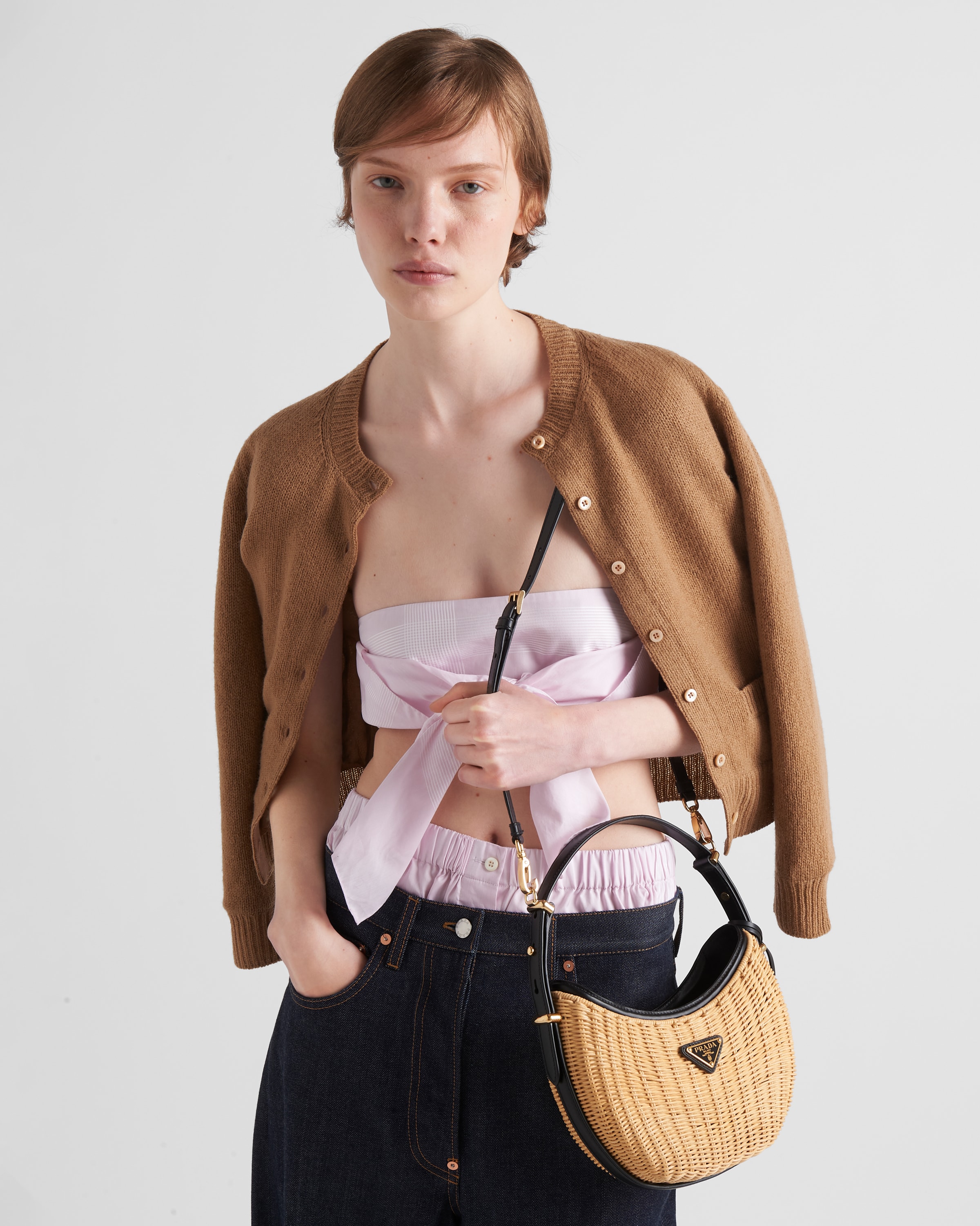 Prada Wicker And Leather Arqué Bag In Tan/black