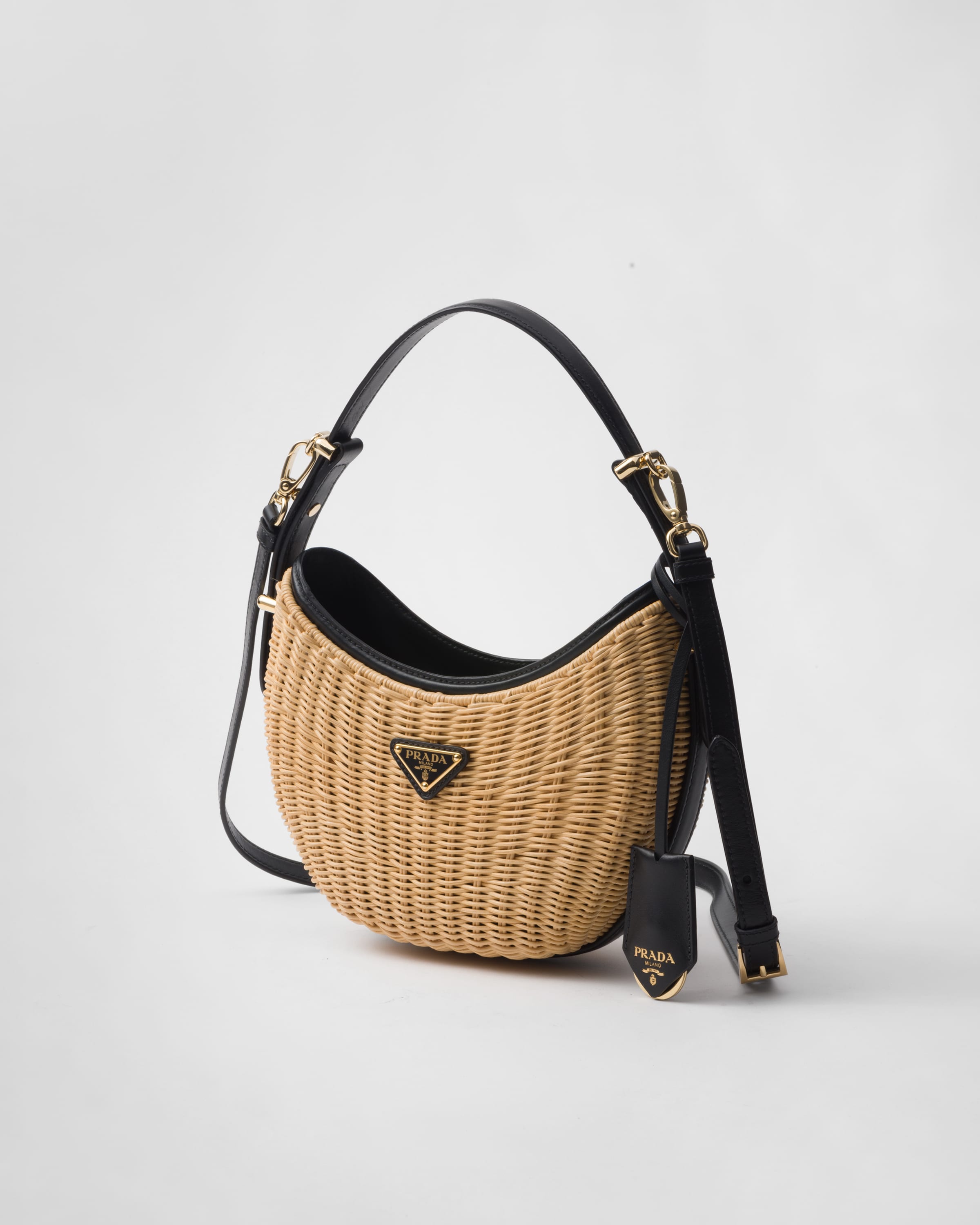 Shop Prada Arqué Woven Fabric And Leather Bag In Tan/black