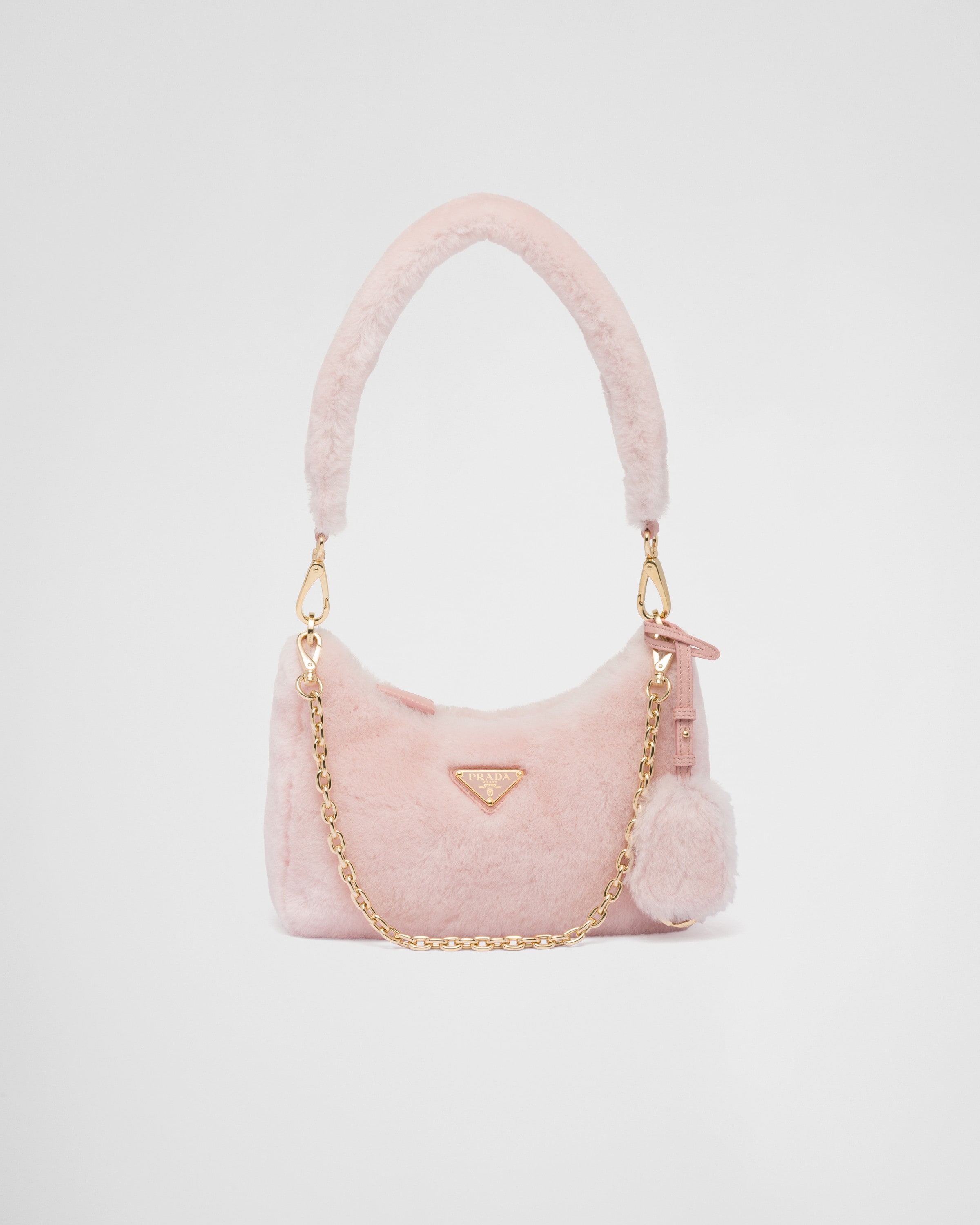 Prada Mini Triangle Logo Shearling Shoulder Bag - Pink