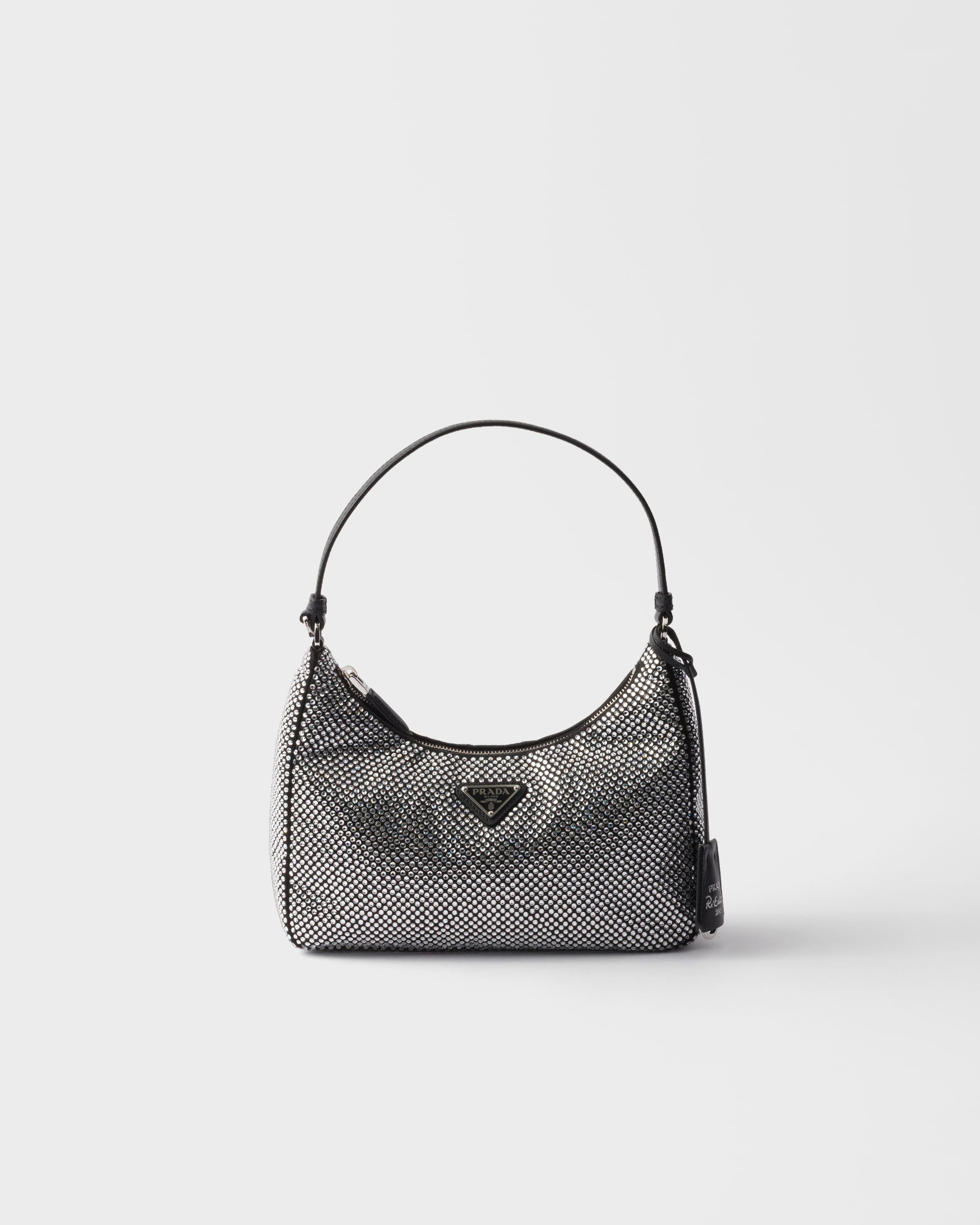 Prada Satin Shoulder Bag With Top Handle And Rhinestones In Transparent