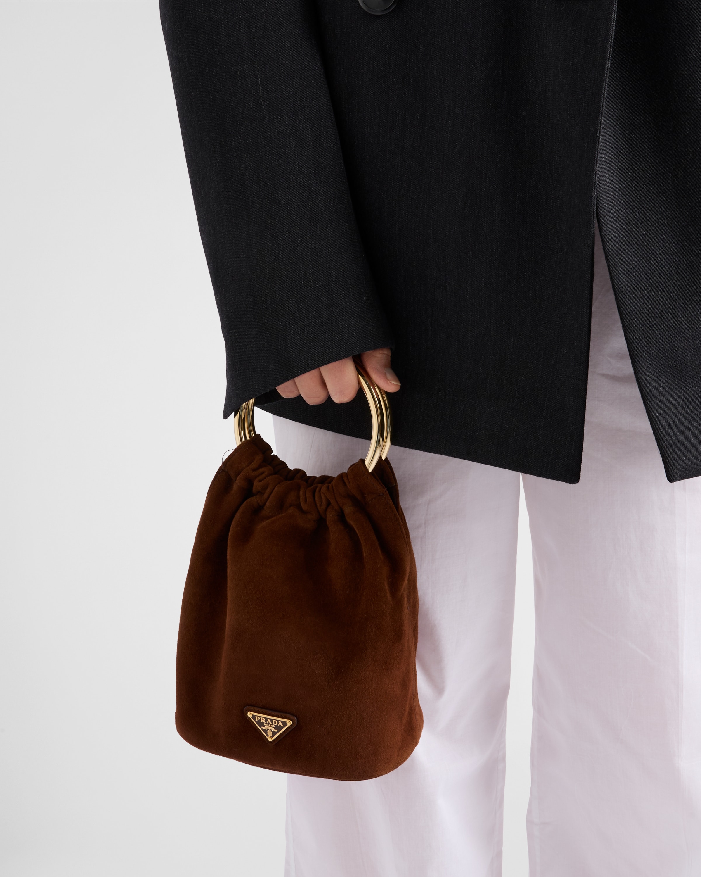 ショルダーバッグ・ポシェット PRADA SMALL BUCKET BAG IN SUEDE CACAO Cocoa Brown Small Prada Mariner Suede Bucket Bag | PRADA