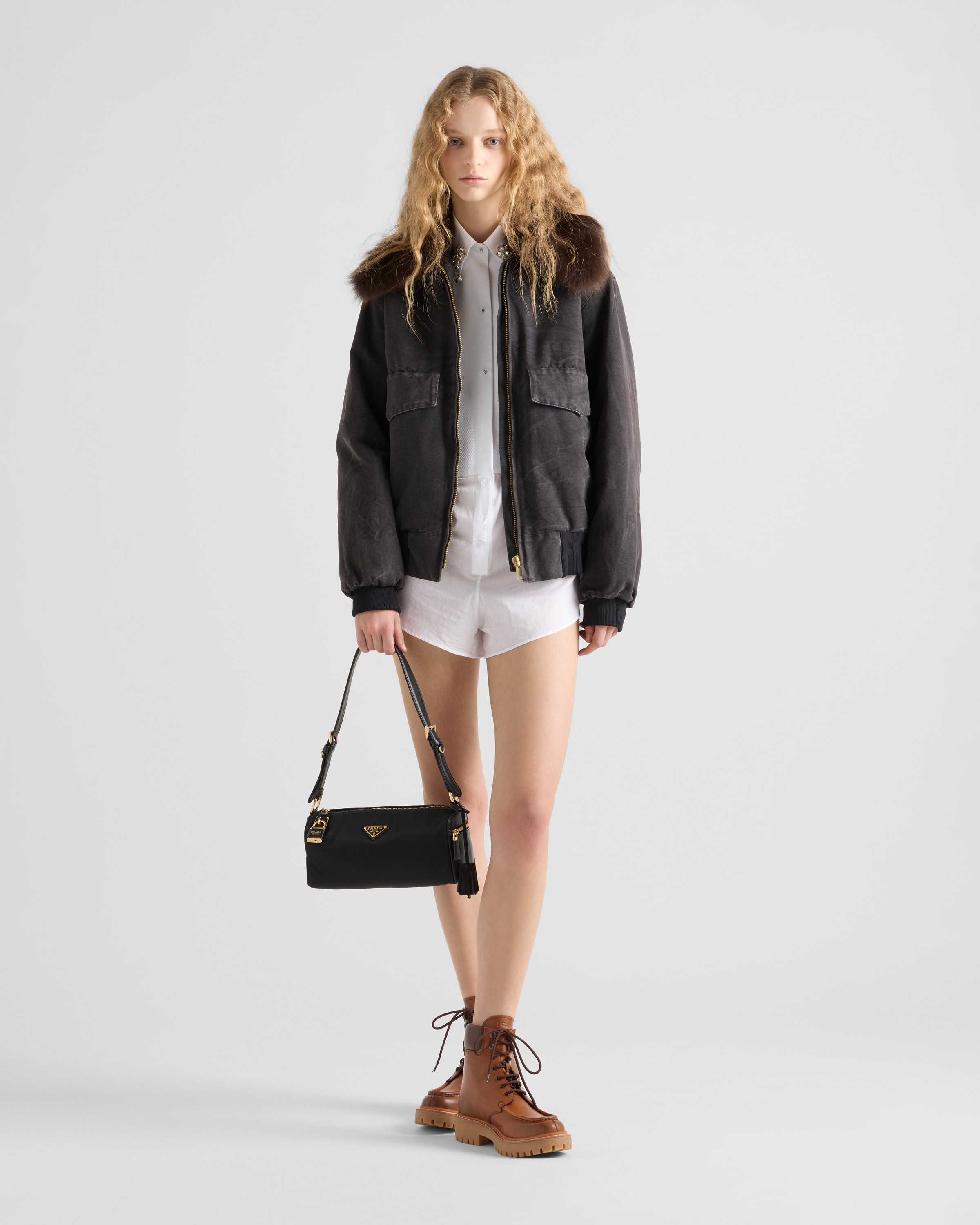 Black Medium Re-Nylon and leather shoulder bag with padlock