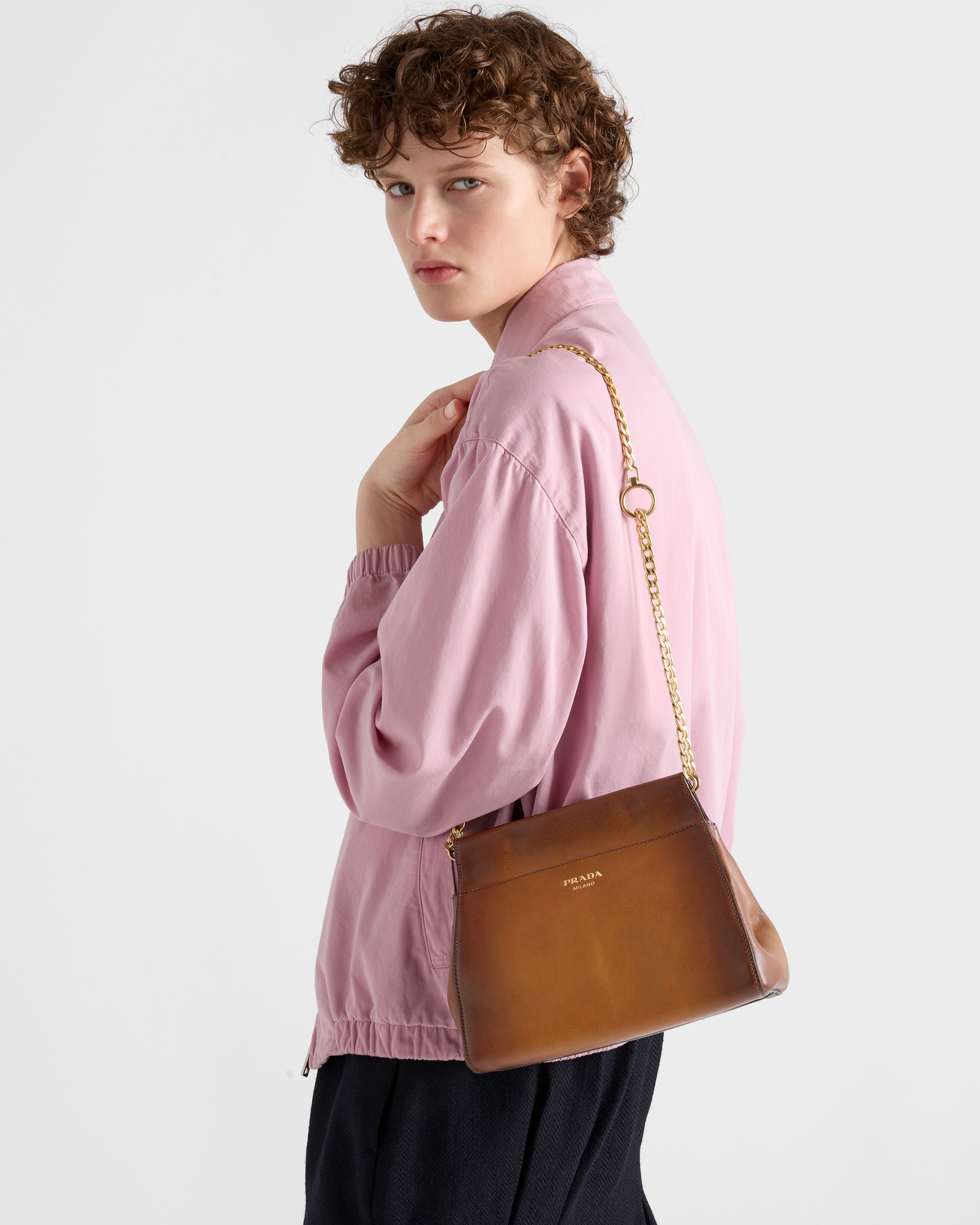 Cognac Prada Enchaîné Mini Leather Bag | PRADA