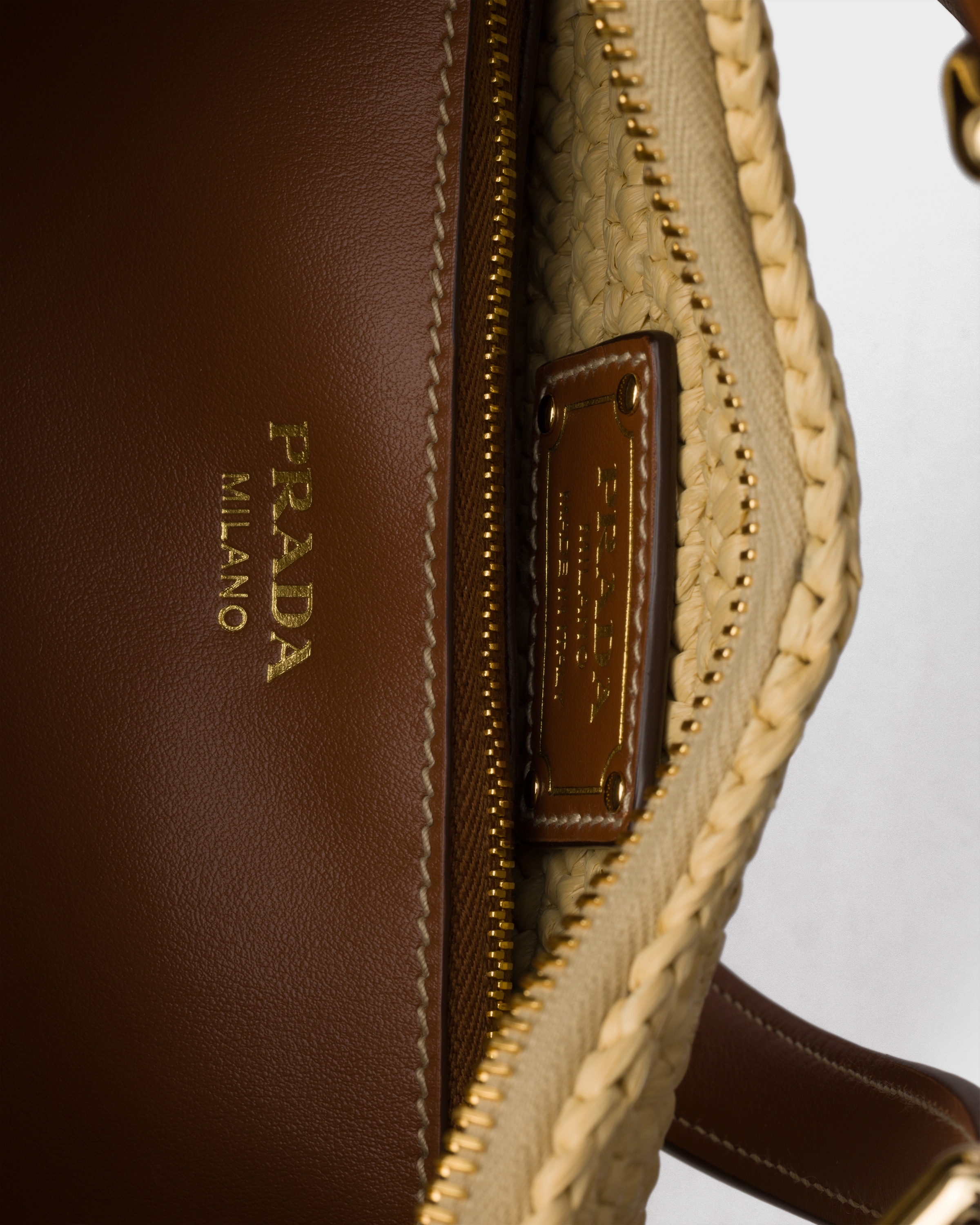 Beige/Cognac Prada Arqué small crochet and leather bag | PRADA