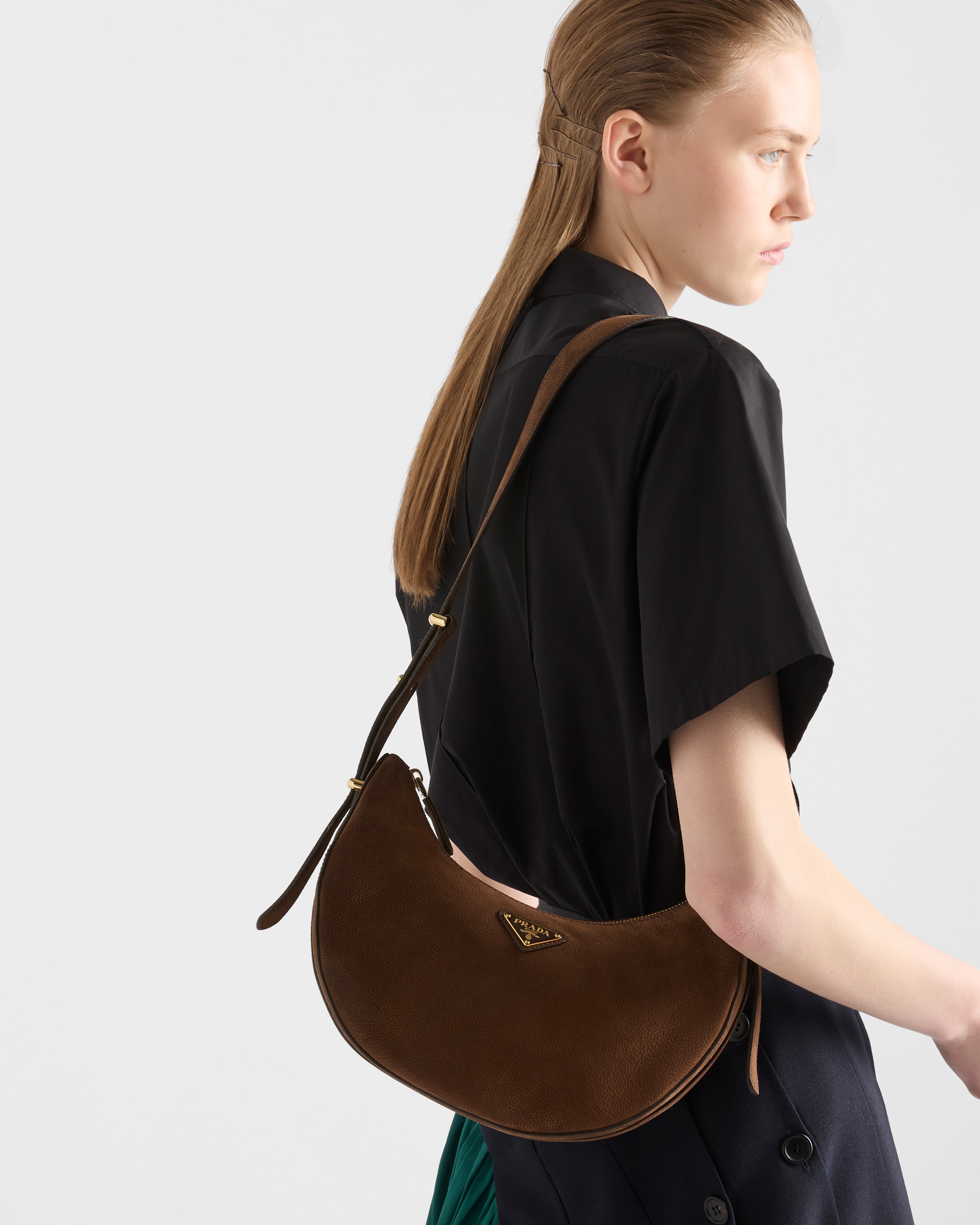 Cocoa Brown Prada Arqué small nubuck leather bag | PRADA - United