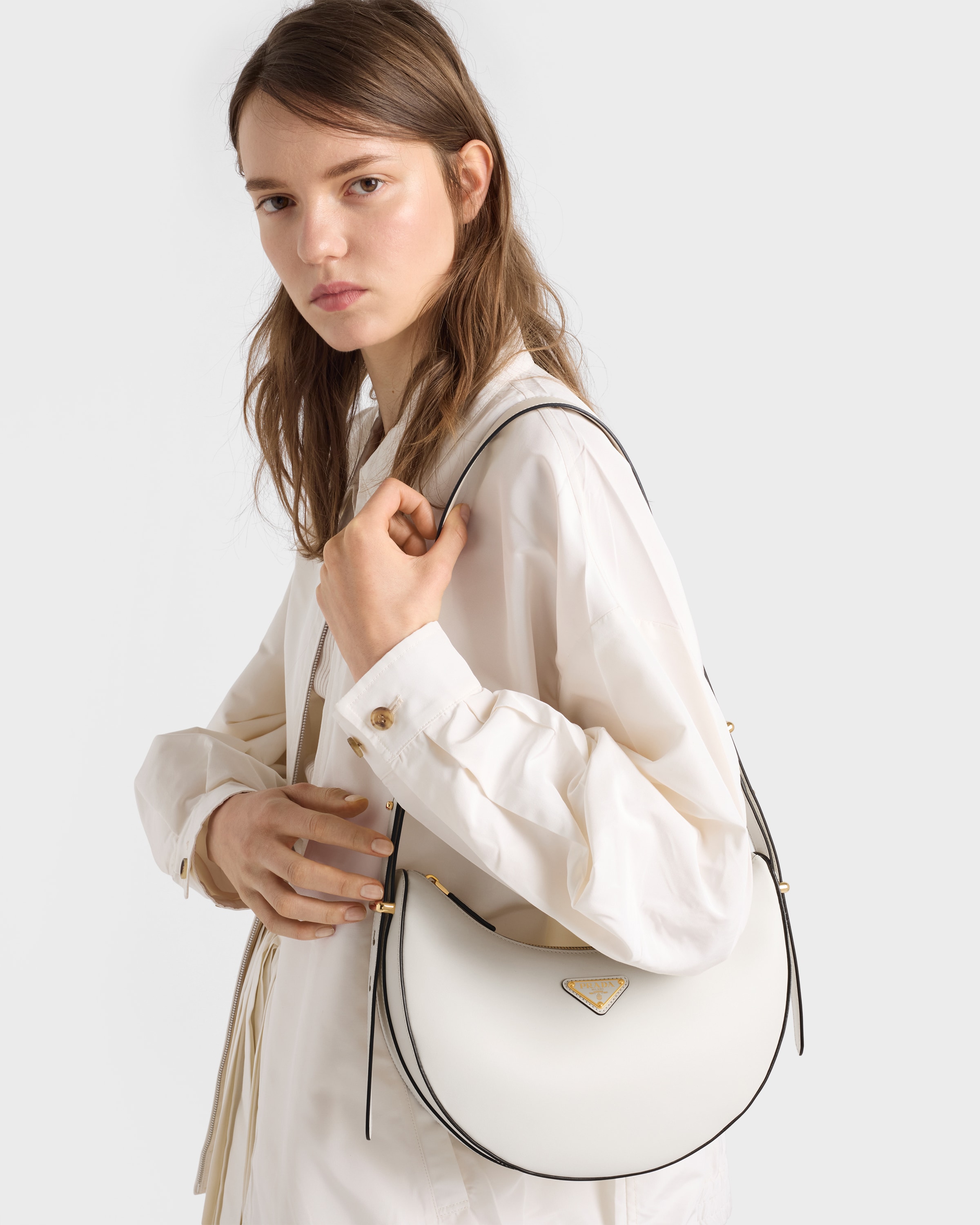 White Prada Arqué Small Leather Shoulder Bag | PRADA - United States