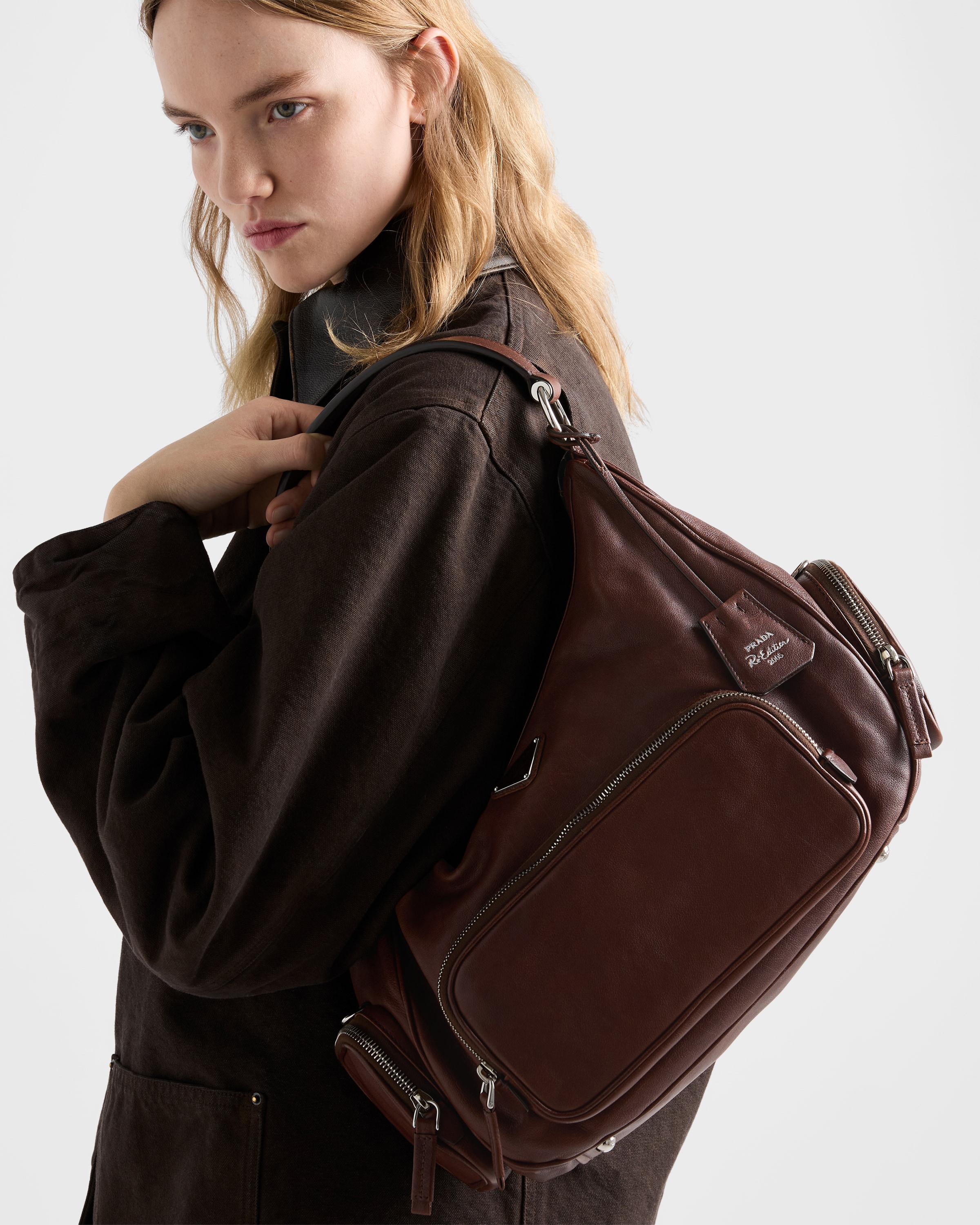Cocoa Brown Medium Washed Leather Bag | PRADA