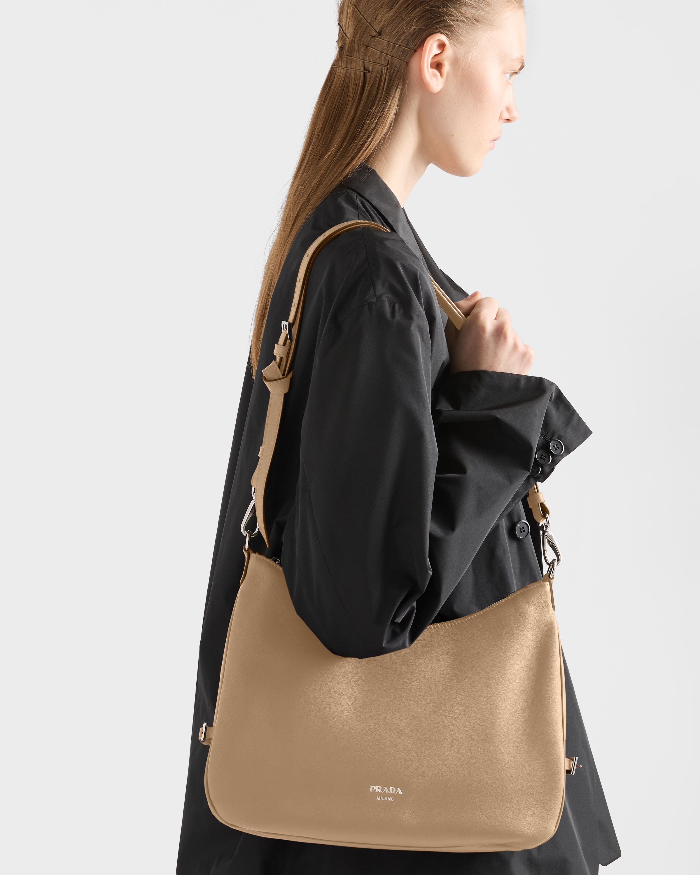 Sand Beige Prada Fold Large Leather Shoulder Bag | PRADA - United